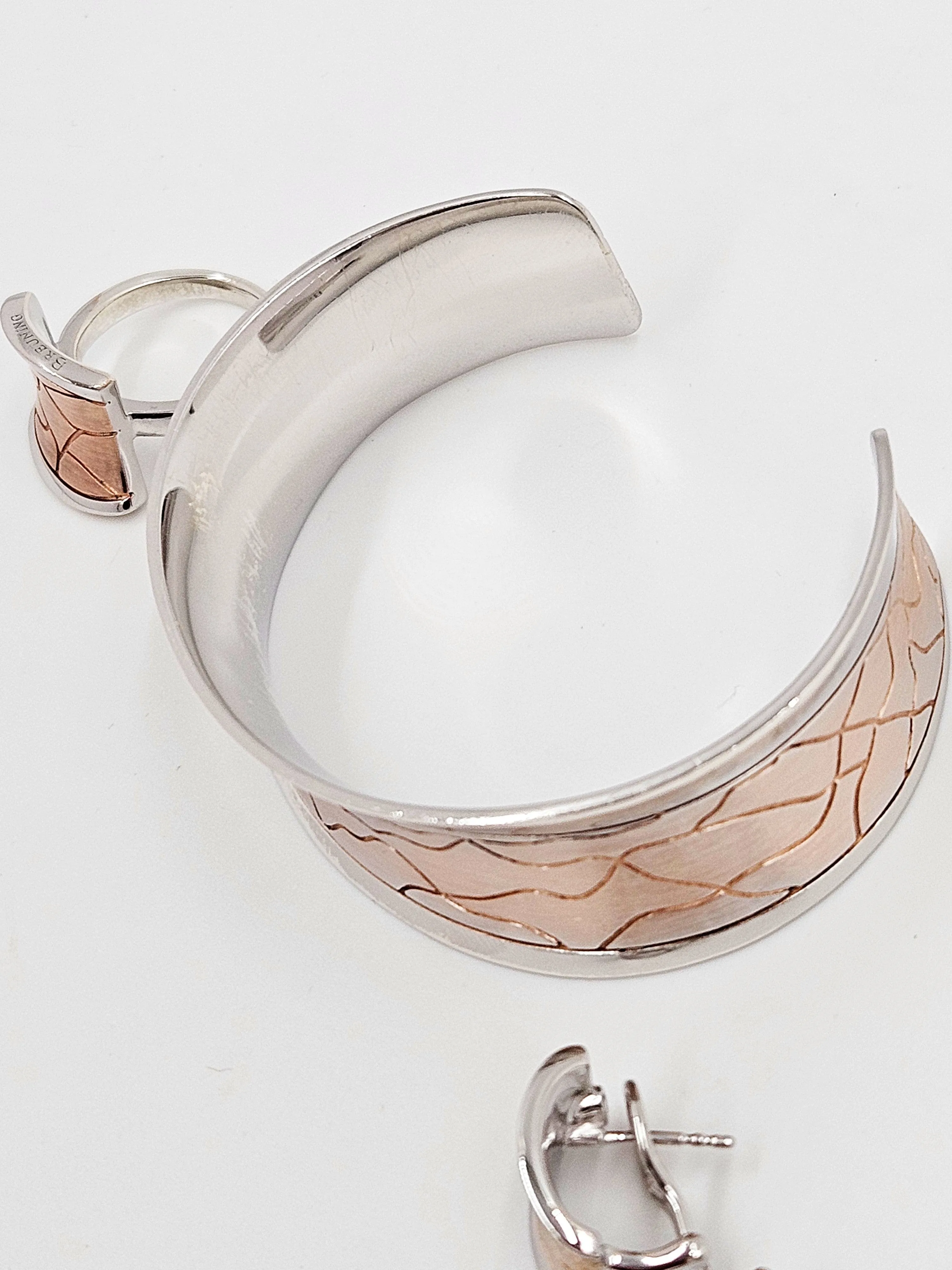 Designer Breuning Sterling & Rose Gold Modernist Bracelet Earrings Ring Set