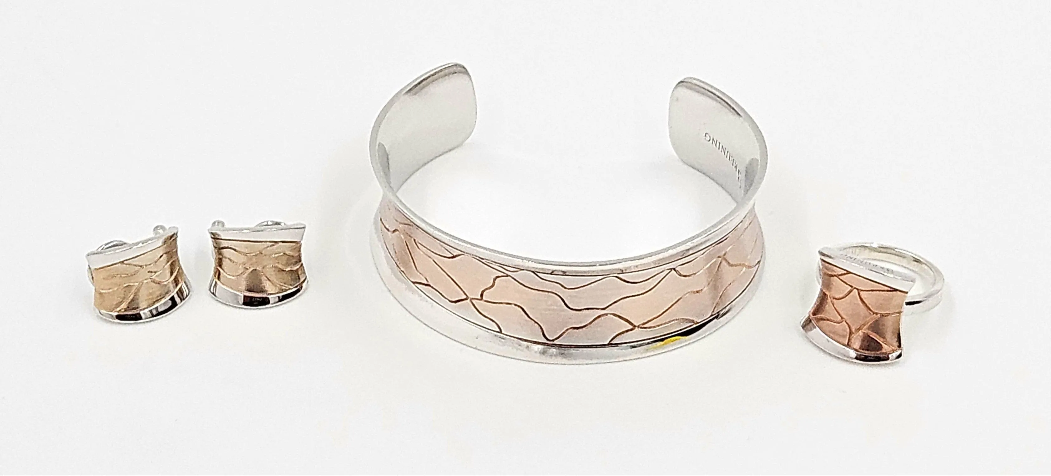 Designer Breuning Sterling & Rose Gold Modernist Bracelet Earrings Ring Set