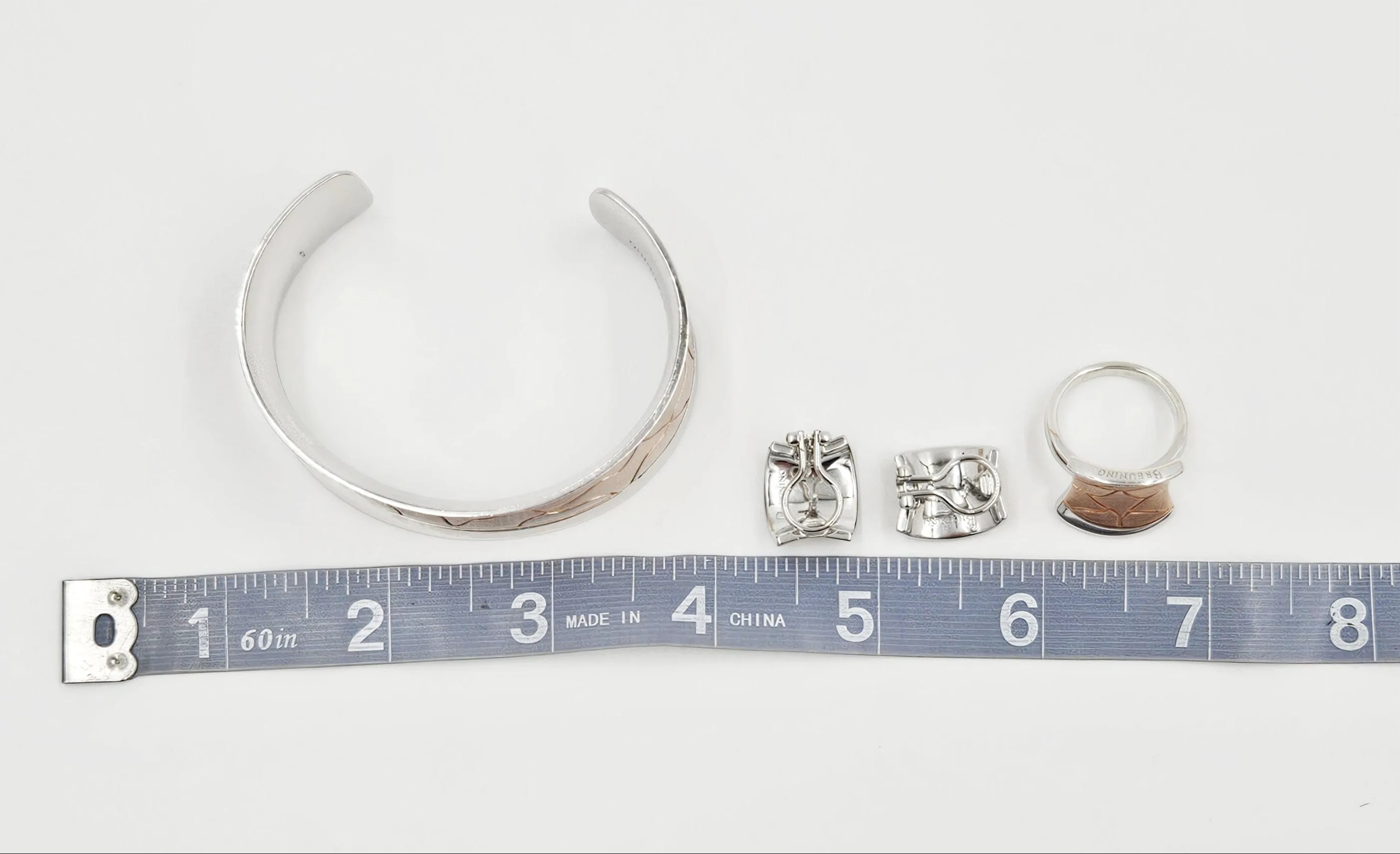 Designer Breuning Sterling & Rose Gold Modernist Bracelet Earrings Ring Set
