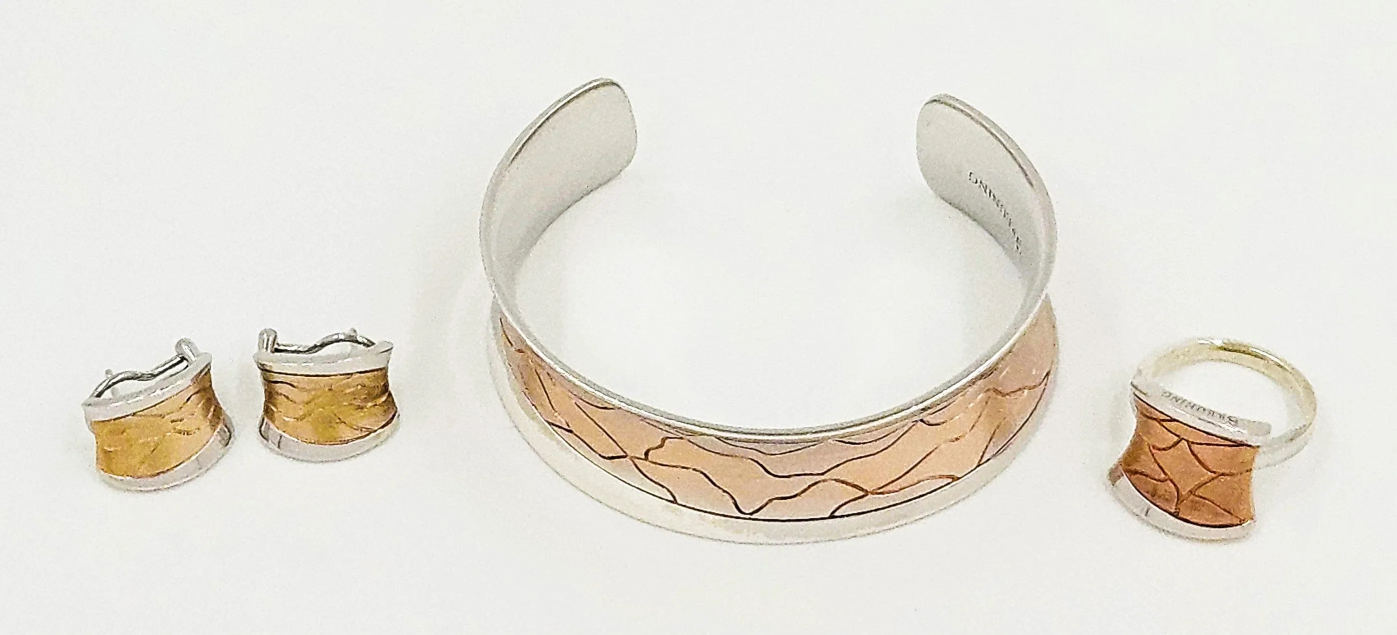 Designer Breuning Sterling & Rose Gold Modernist Bracelet Earrings Ring Set