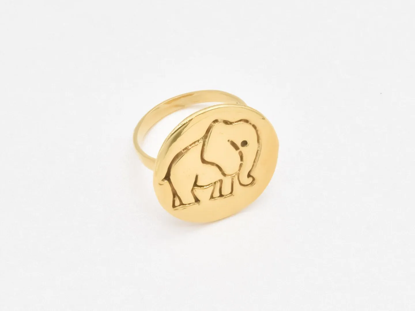Elephant Disc Ring - Gold Signet Band, Sketched Elephant Ring