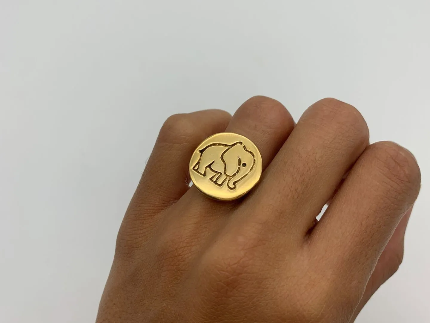Elephant Disc Ring - Gold Signet Band, Sketched Elephant Ring