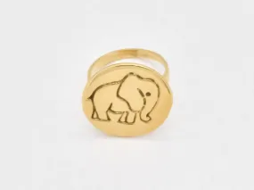Elephant Disc Ring - Gold Signet Band, Sketched Elephant Ring