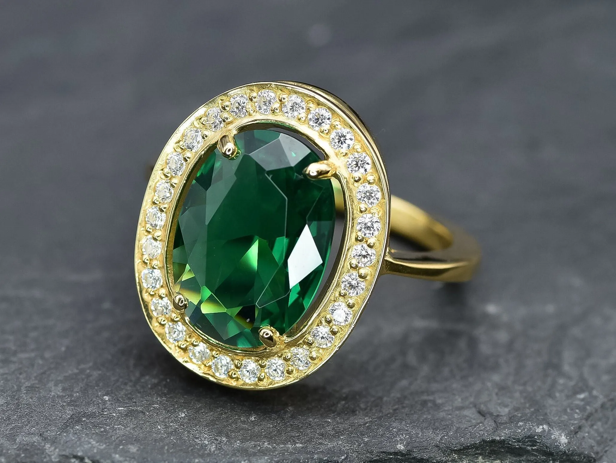 Emerald Statement Ring - Gold Halo Ring - Emerald Gold Ring
