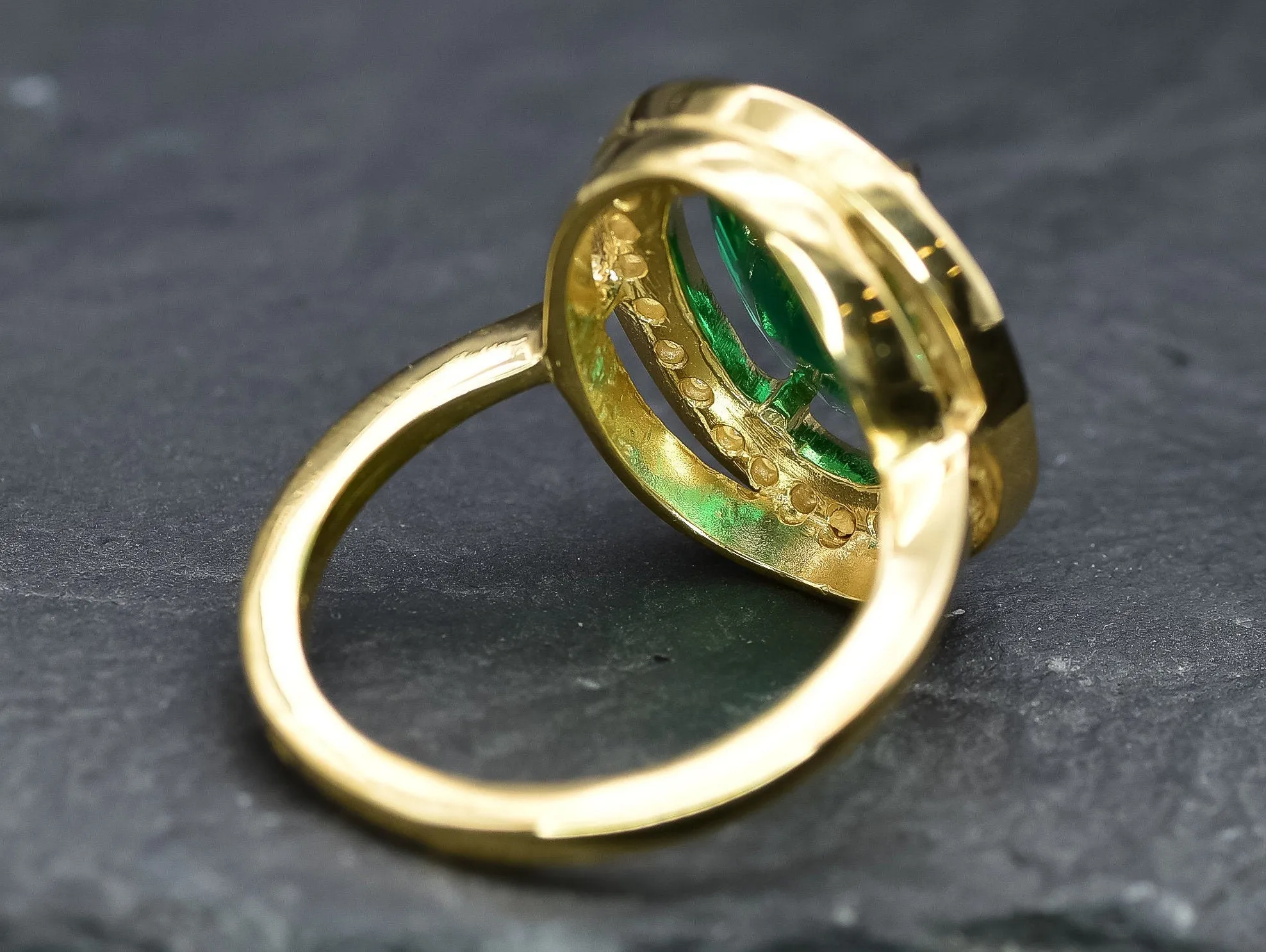 Emerald Statement Ring - Gold Halo Ring - Emerald Gold Ring