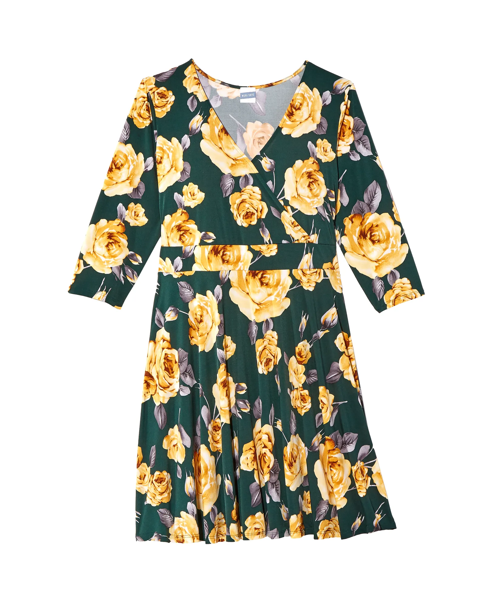 Florence 3/4 Sleeve Surplice Dress | Forest Green / Yellow