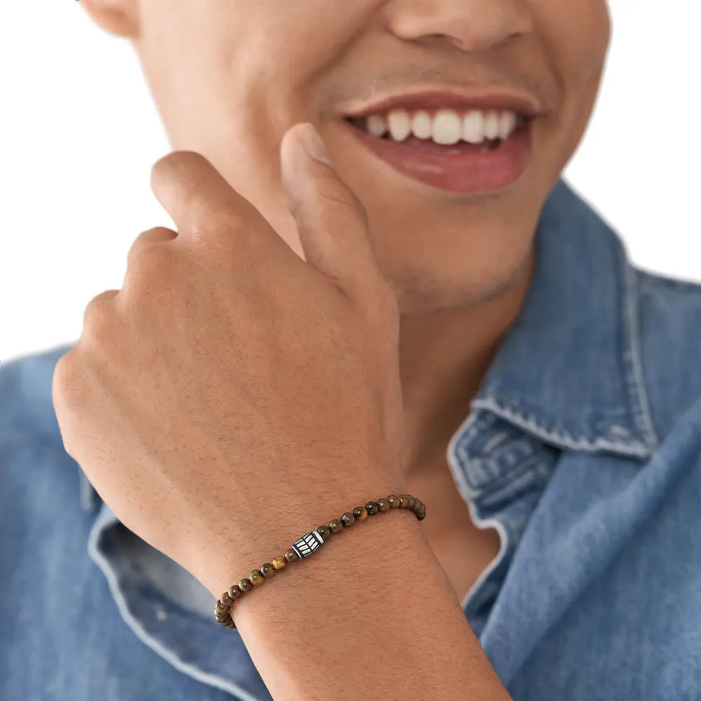 Fossil Stainless Steel Tiger Eye Beaded 25cm Bracelet