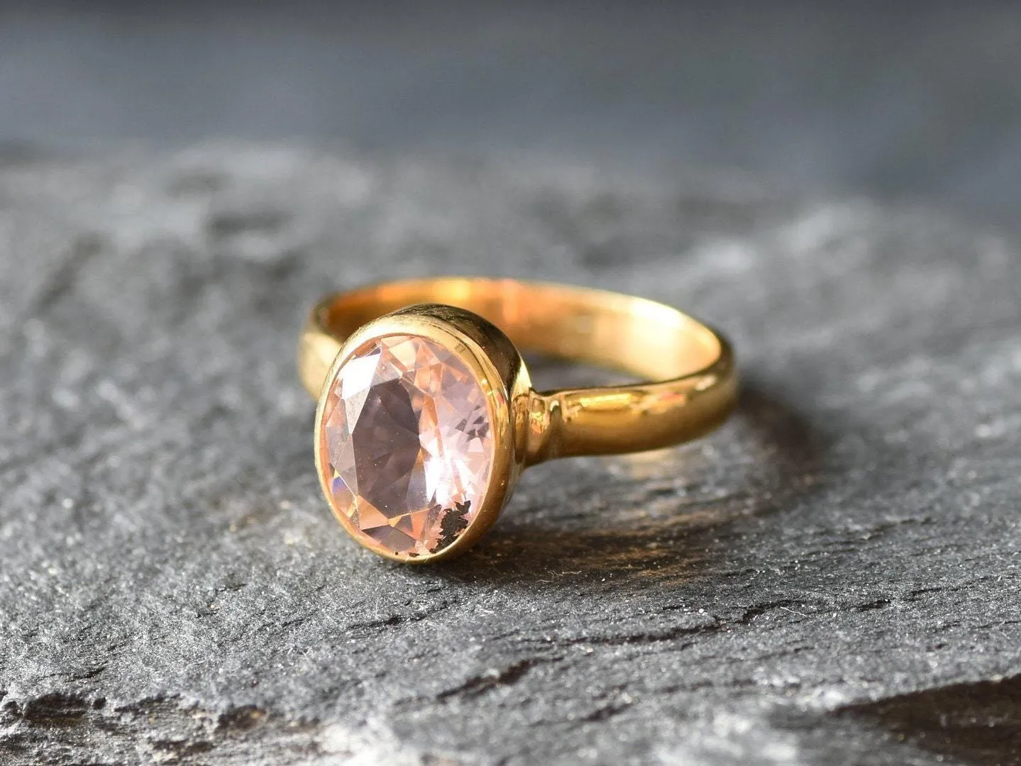 Gold Morganite Bezel Ring, Oval Morganite Ring, Pink Gemstone Ring