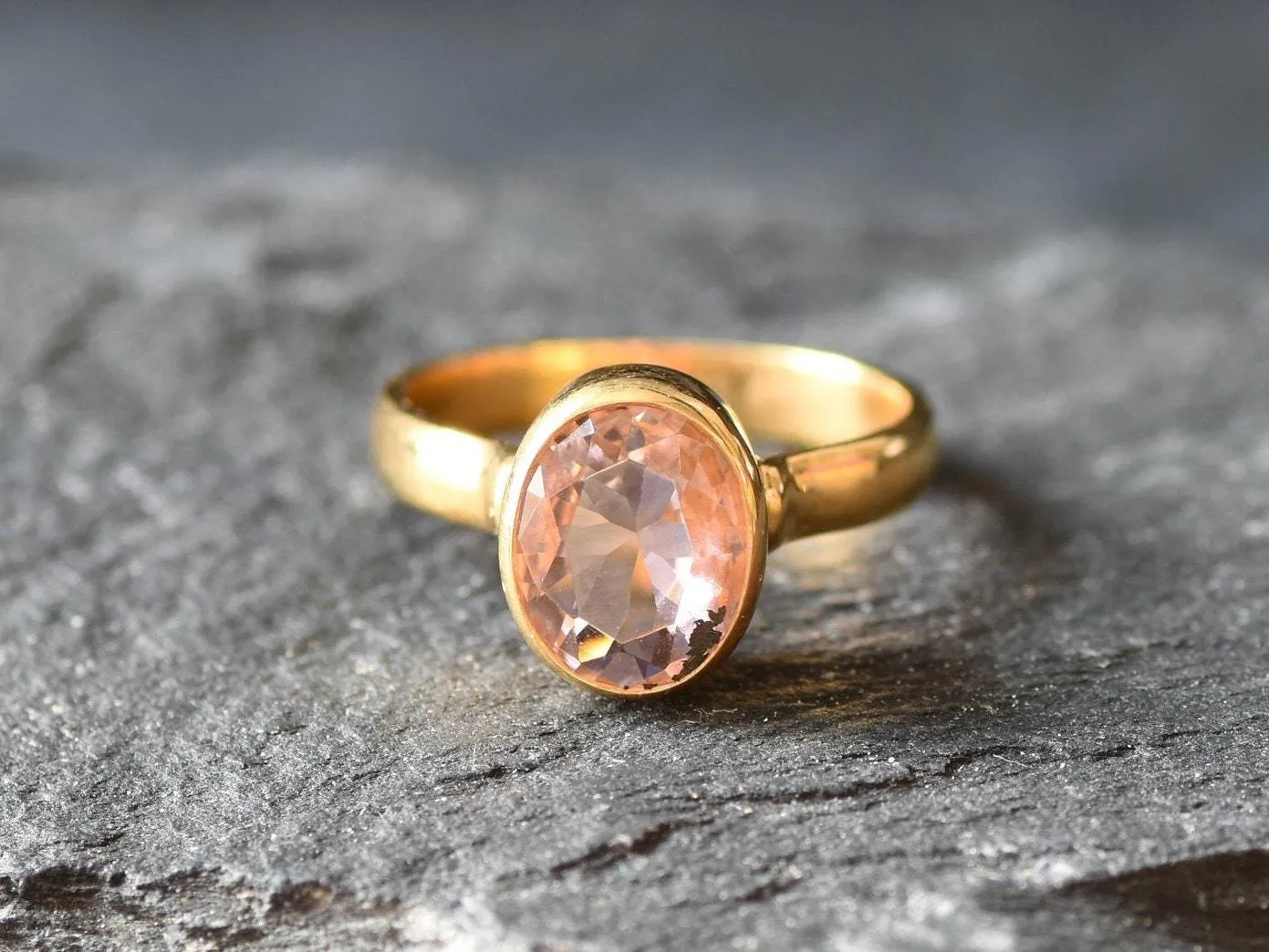 Gold Morganite Bezel Ring, Oval Morganite Ring, Pink Gemstone Ring