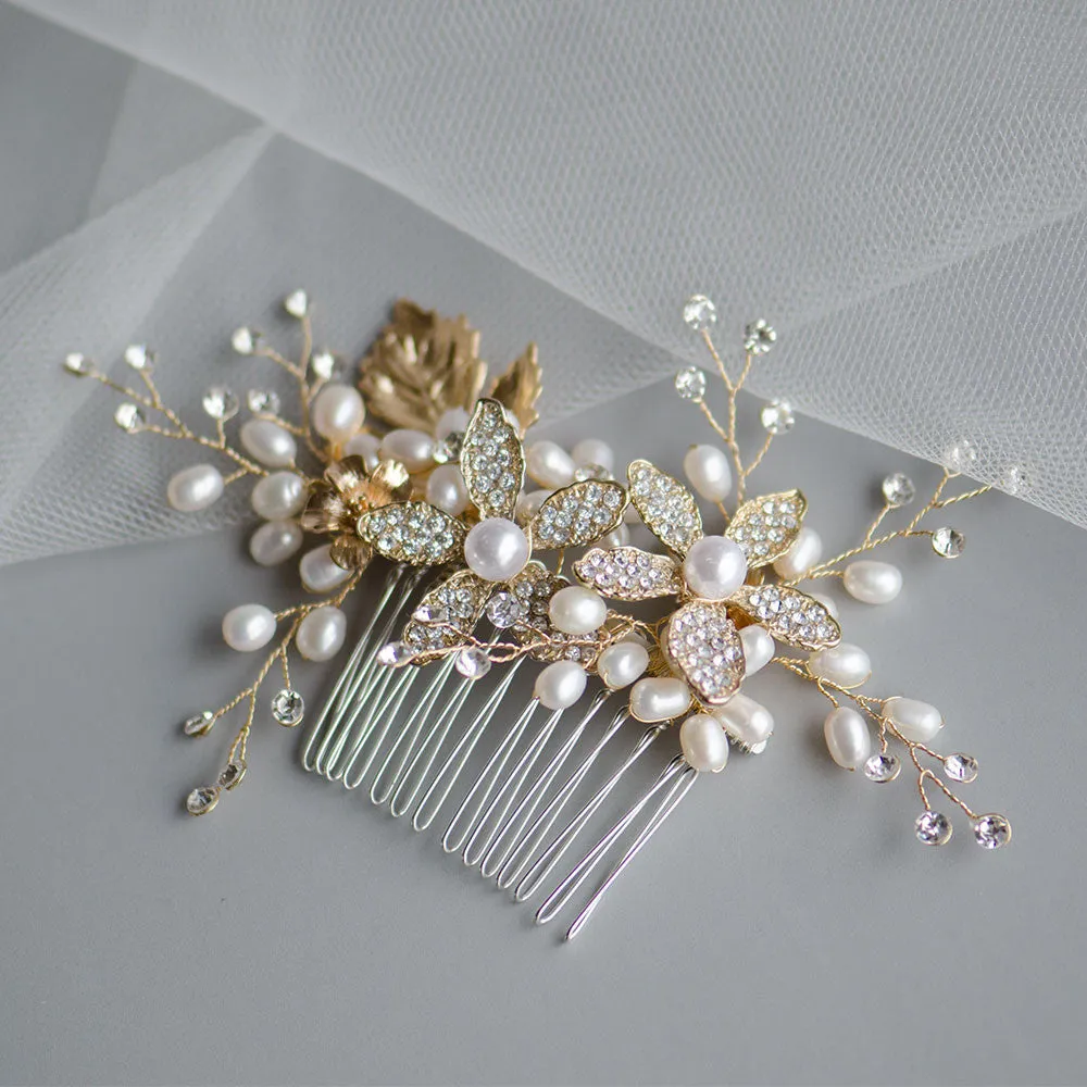 Golden Rhinestone Sunflowers Pearls Handmade Bridal Headpiece, Wedding Comb