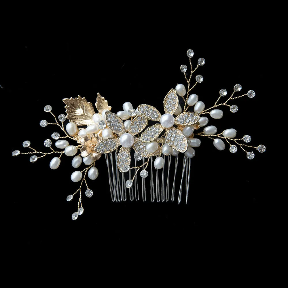 Golden Rhinestone Sunflowers Pearls Handmade Bridal Headpiece, Wedding Comb