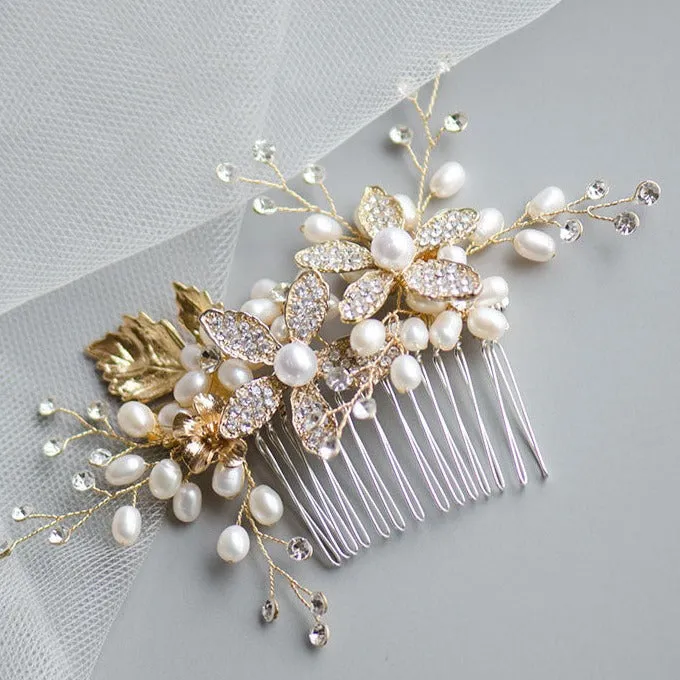 Golden Rhinestone Sunflowers Pearls Handmade Bridal Headpiece, Wedding Comb