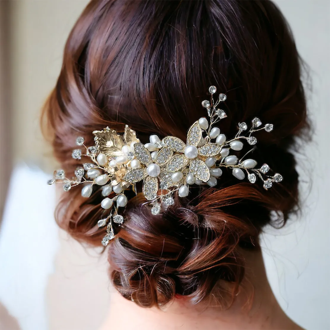 Golden Rhinestone Sunflowers Pearls Handmade Bridal Headpiece, Wedding Comb