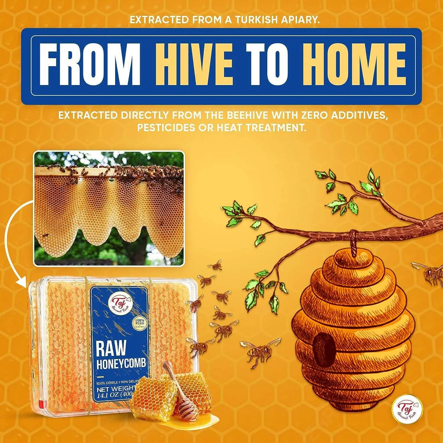 Gourmet All Natural Raw Honeycomb 100% Honey Pure Turkish Raw Honey Comb - 100% All Natural Edible Honey Combs Raw Edible - Perfect For Healthy Smoothies Honey With Honeycomb, 200g (7.05oz)