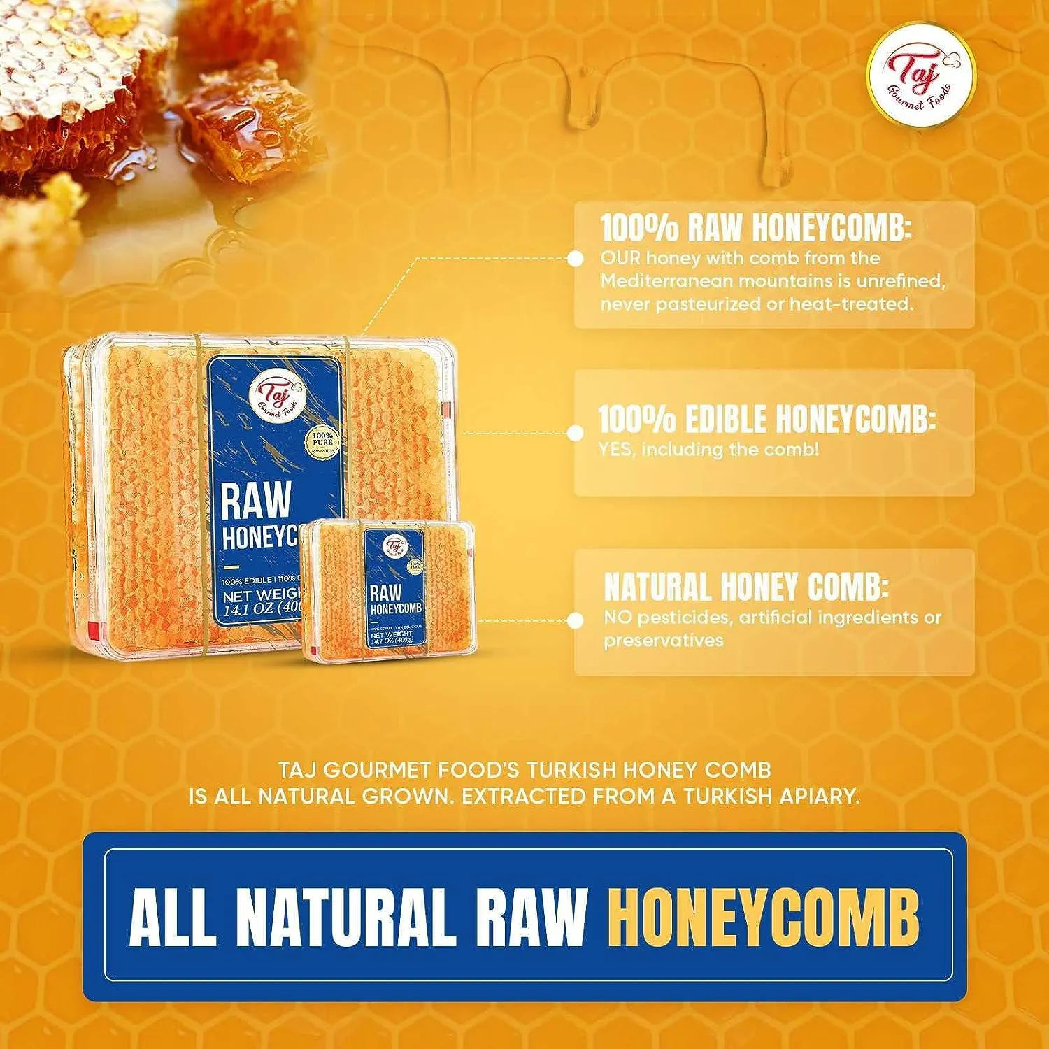 Gourmet All Natural Raw Honeycomb 100% Honey Pure Turkish Raw Honey Comb - 100% All Natural Edible Honey Combs Raw Edible - Perfect For Healthy Smoothies Honey With Honeycomb, 200g (7.05oz)