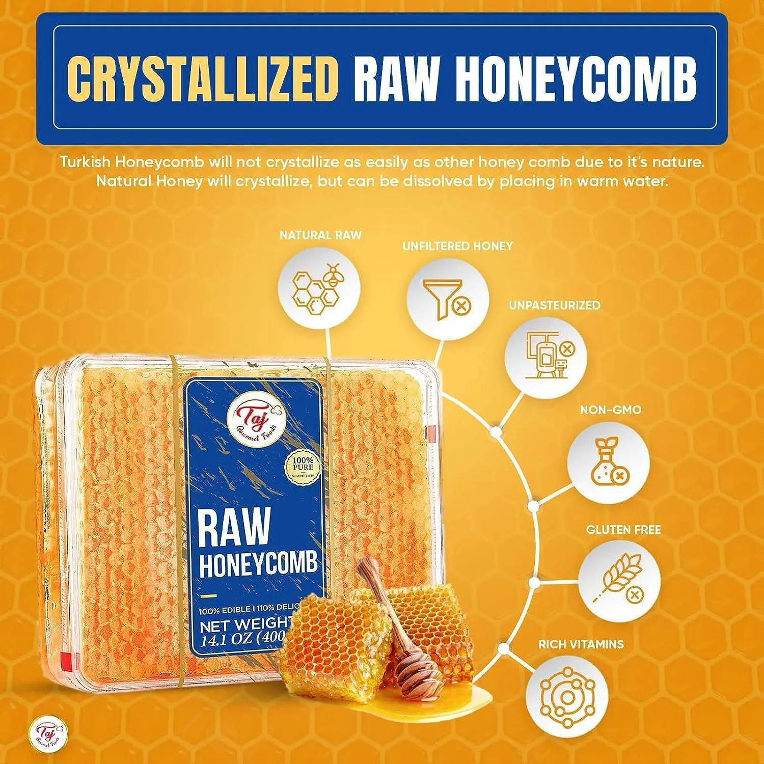 Gourmet All Natural Raw Honeycomb 100% Honey Pure Turkish Raw Honey Comb - 100% All Natural Edible Honey Combs Raw Edible - Perfect For Healthy Smoothies Honey With Honeycomb, 200g (7.05oz)