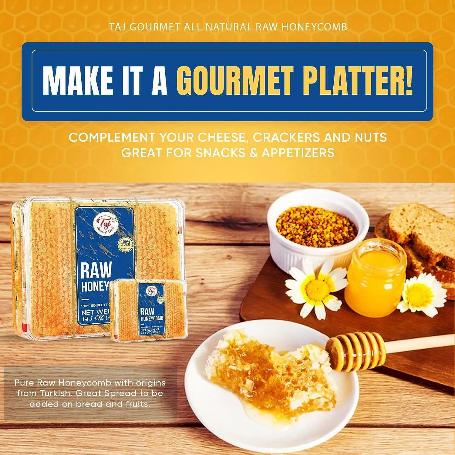Gourmet All Natural Raw Honeycomb 100% Honey Pure Turkish Raw Honey Comb - 100% All Natural Edible Honey Combs Raw Edible - Perfect For Healthy Smoothies Honey With Honeycomb, 200g (7.05oz)