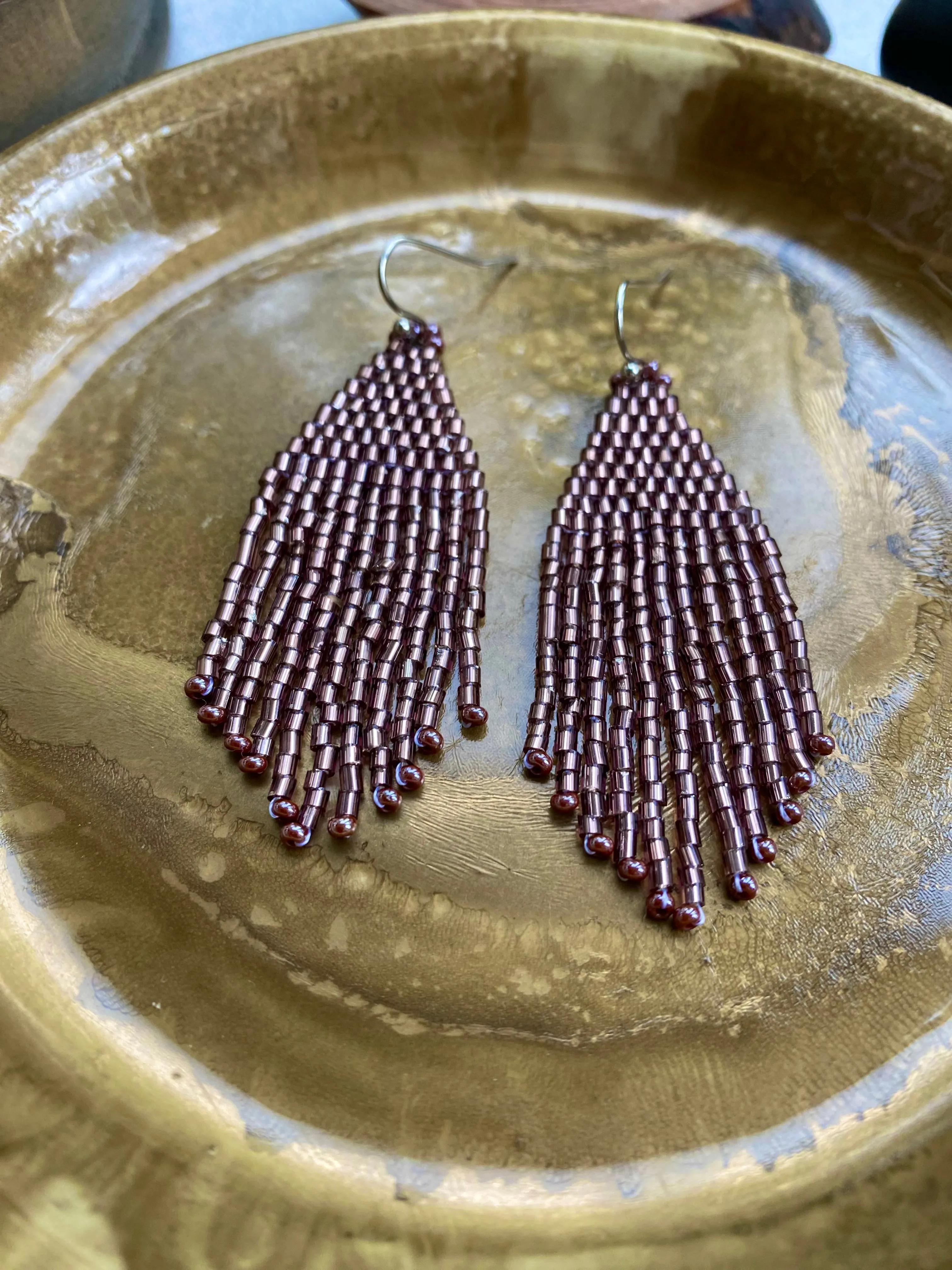 Handmade Very Shiny Seed Bead Earrings, Soft Purple Fringe Earrings, Festive Chandelier Earring, Boho Earrings, Dainty Statement Earring, Dangle Earrings