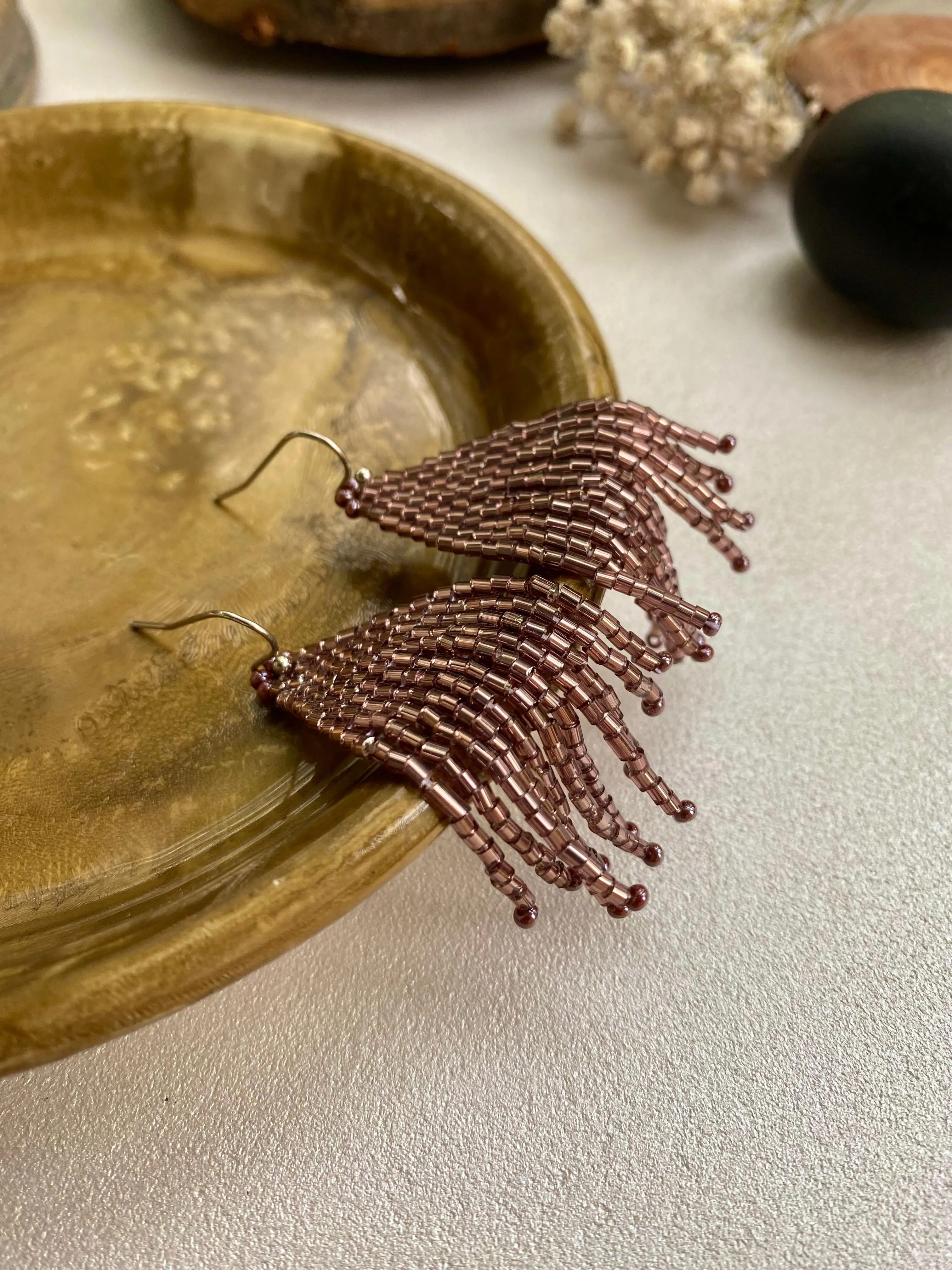 Handmade Very Shiny Seed Bead Earrings, Soft Purple Fringe Earrings, Festive Chandelier Earring, Boho Earrings, Dainty Statement Earring, Dangle Earrings