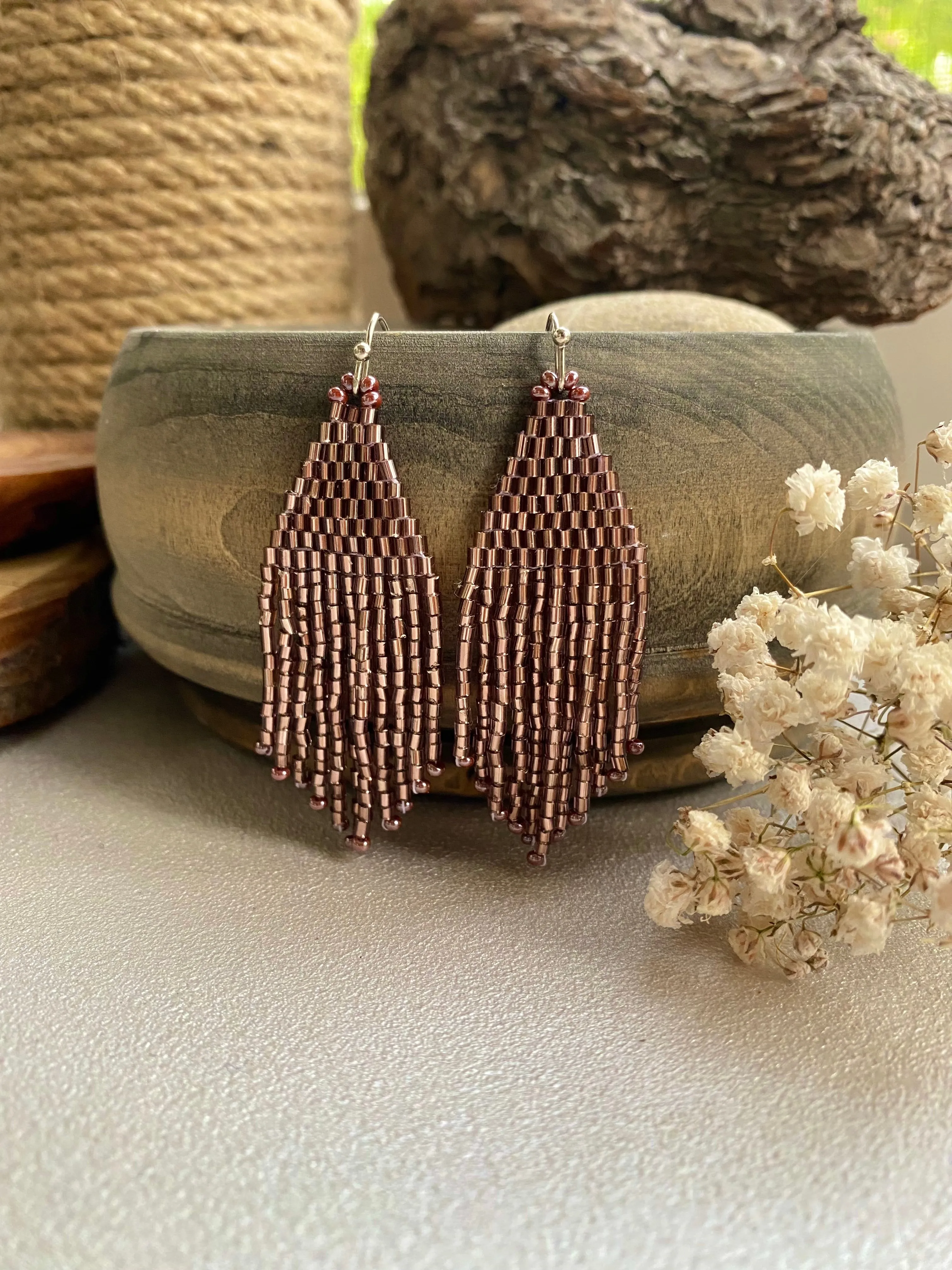 Handmade Very Shiny Seed Bead Earrings, Soft Purple Fringe Earrings, Festive Chandelier Earring, Boho Earrings, Dainty Statement Earring, Dangle Earrings