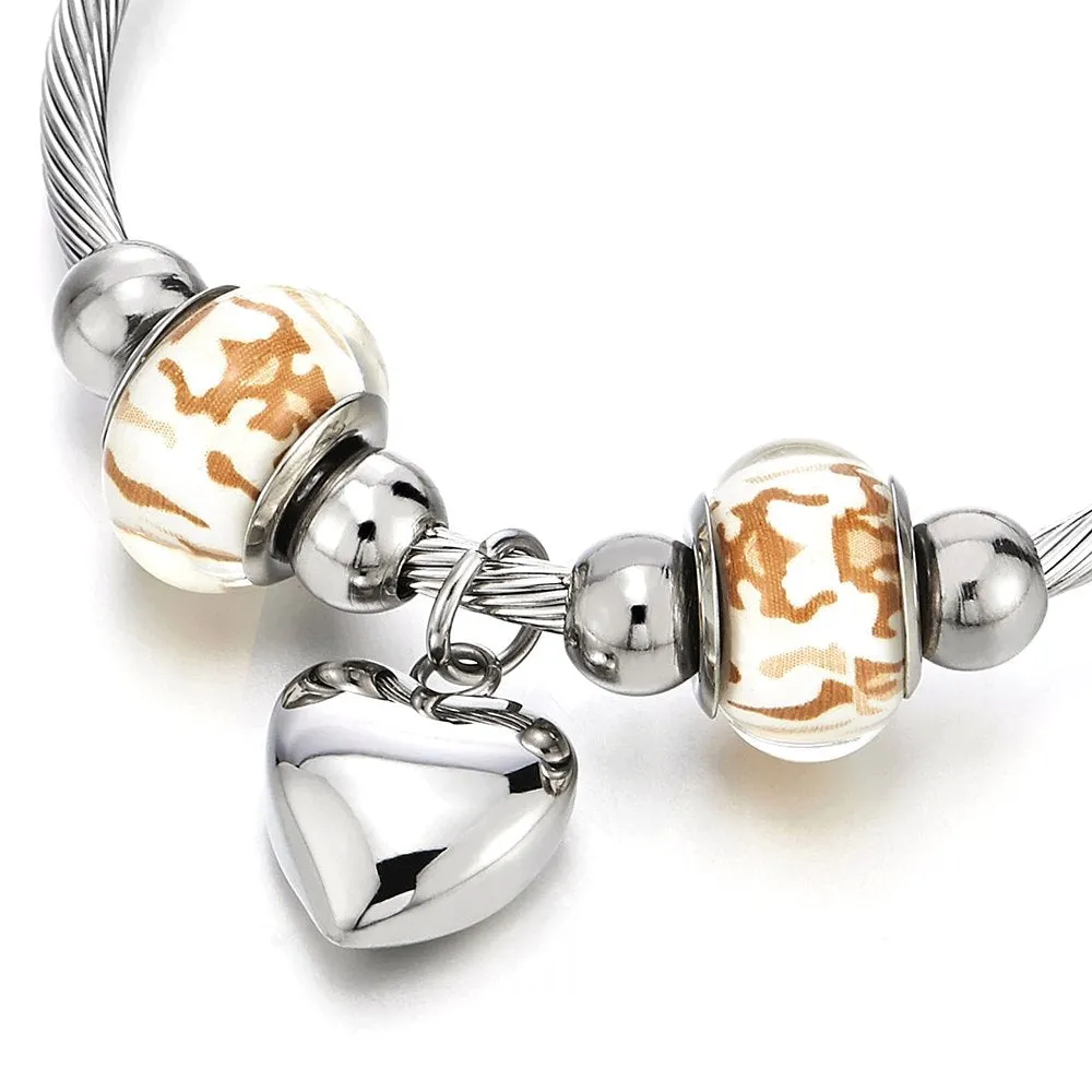 Heart and Murano Glass Charms Cuff Bracelet, Elastic Adjustable Stainless Steel Bangle