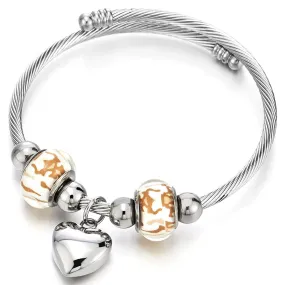 Heart and Murano Glass Charms Cuff Bracelet, Elastic Adjustable Stainless Steel Bangle