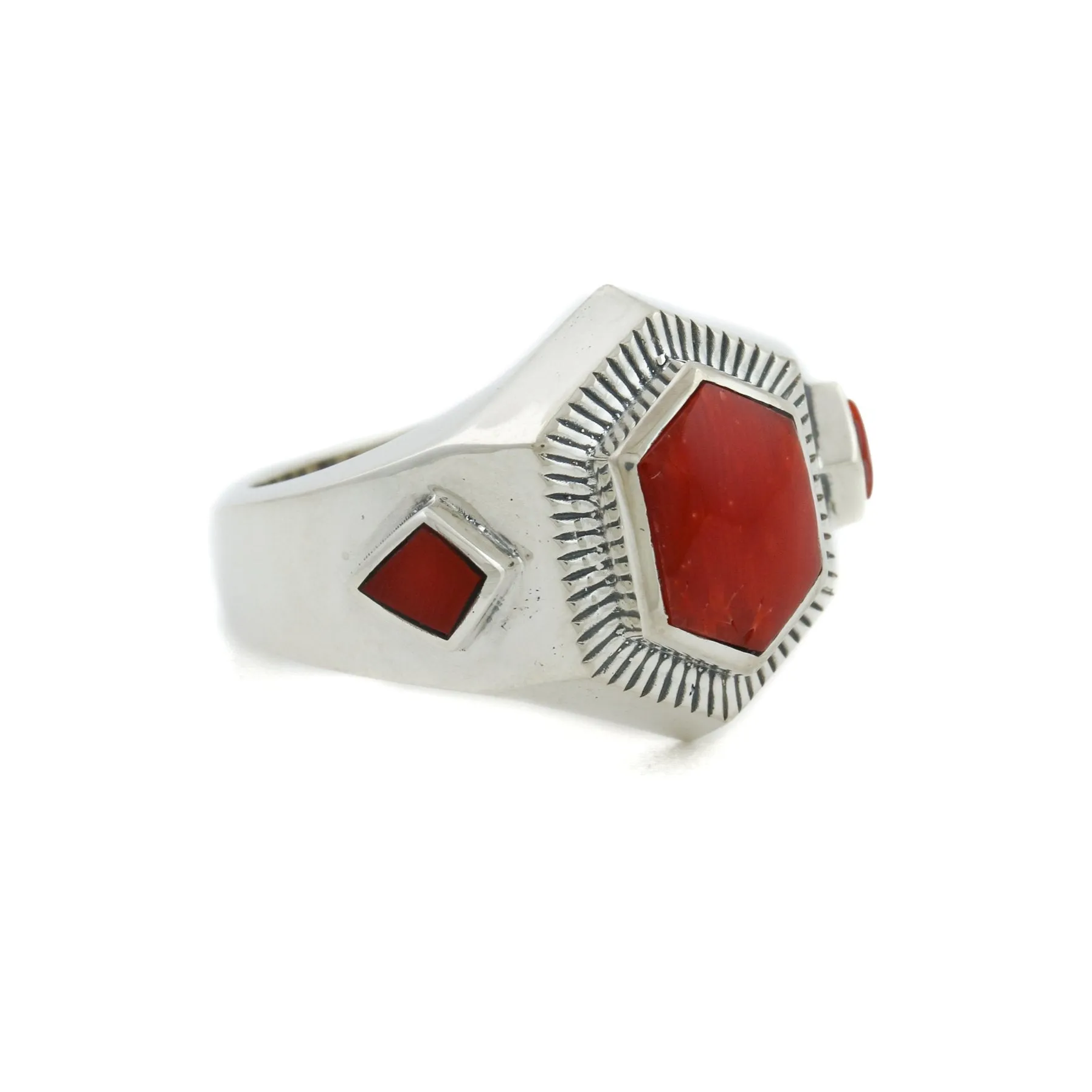 Hex-Cut Red Coral Silver Inlay Ring