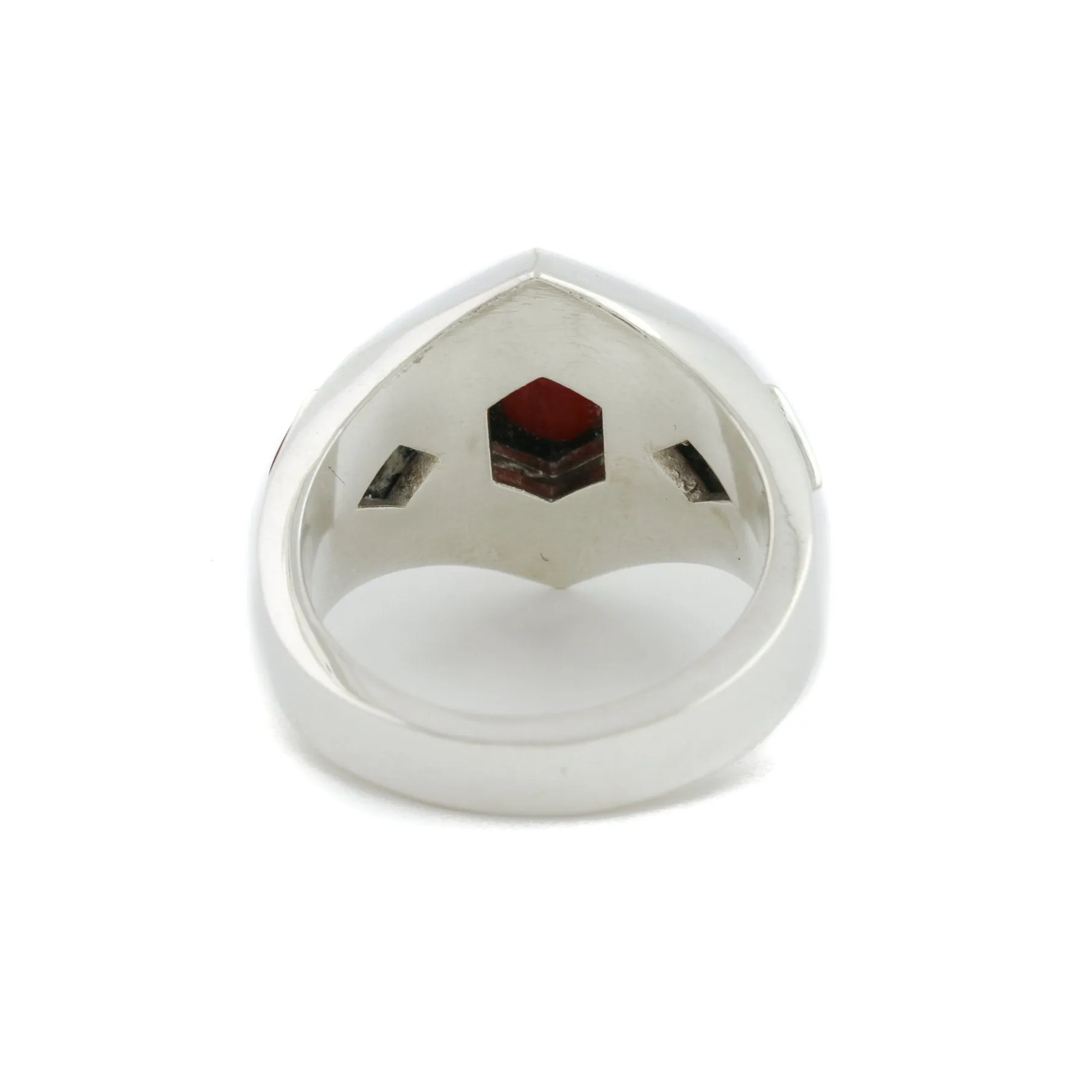 Hex-Cut Red Coral Silver Inlay Ring