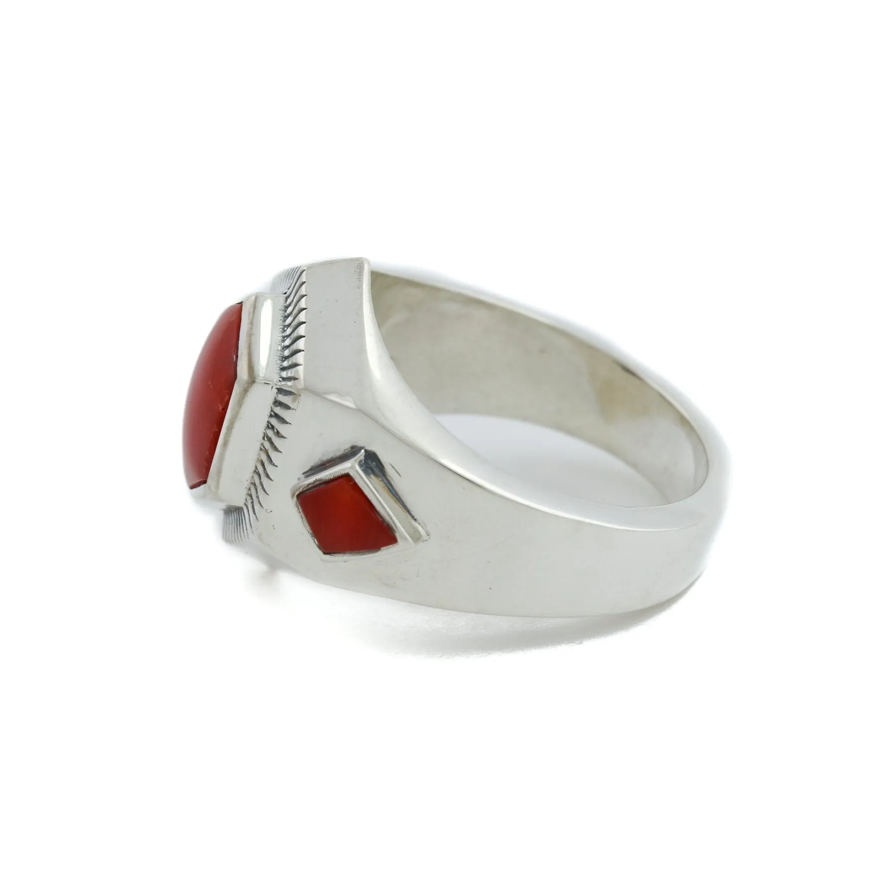 Hex-Cut Red Coral Silver Inlay Ring