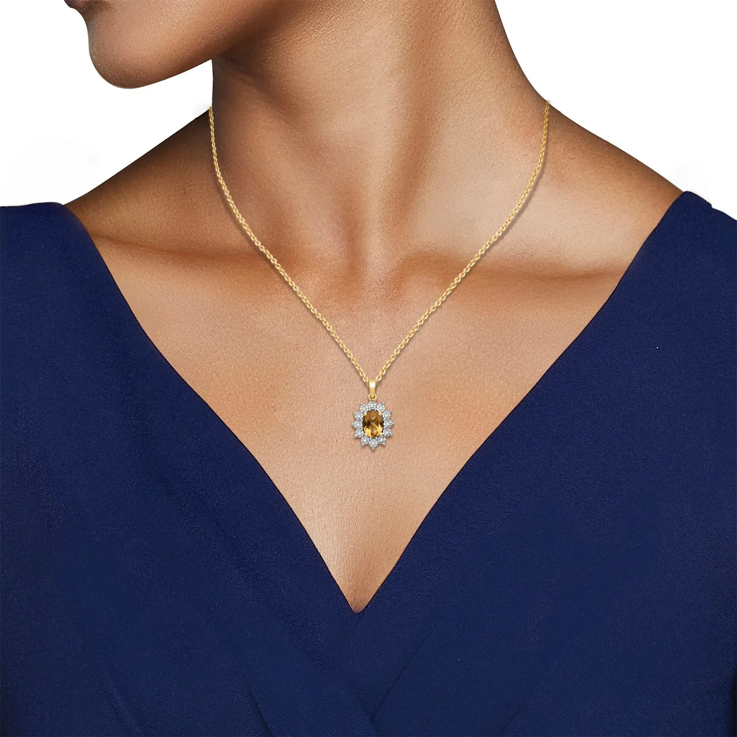 Jewelili 18K Yellow Gold over Sterling Silver 7x5 MM Oval Genuine Citrine and 1/20 Cttw Natural White Round Diamond Pendant Necklace