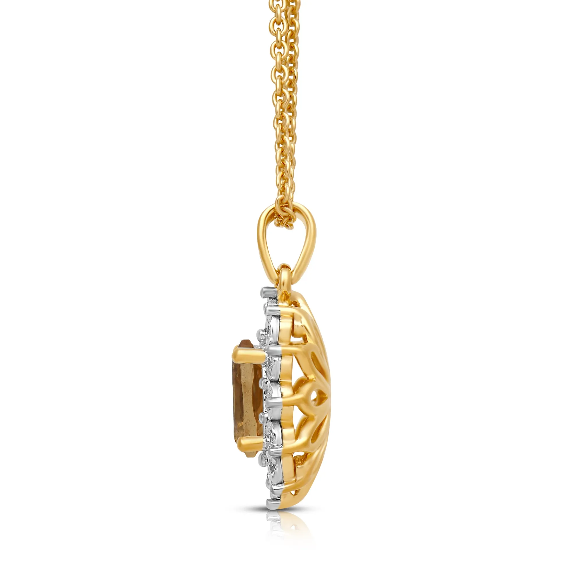 Jewelili 18K Yellow Gold over Sterling Silver 7x5 MM Oval Genuine Citrine and 1/20 Cttw Natural White Round Diamond Pendant Necklace