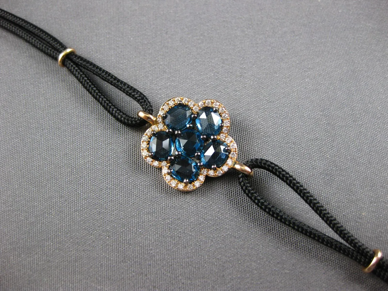 LONG 3.51CT DIAMOND & AAA LONDON BLUE TOPAZ 14KT ROSE GOLD FLOWER FUN BRACELET