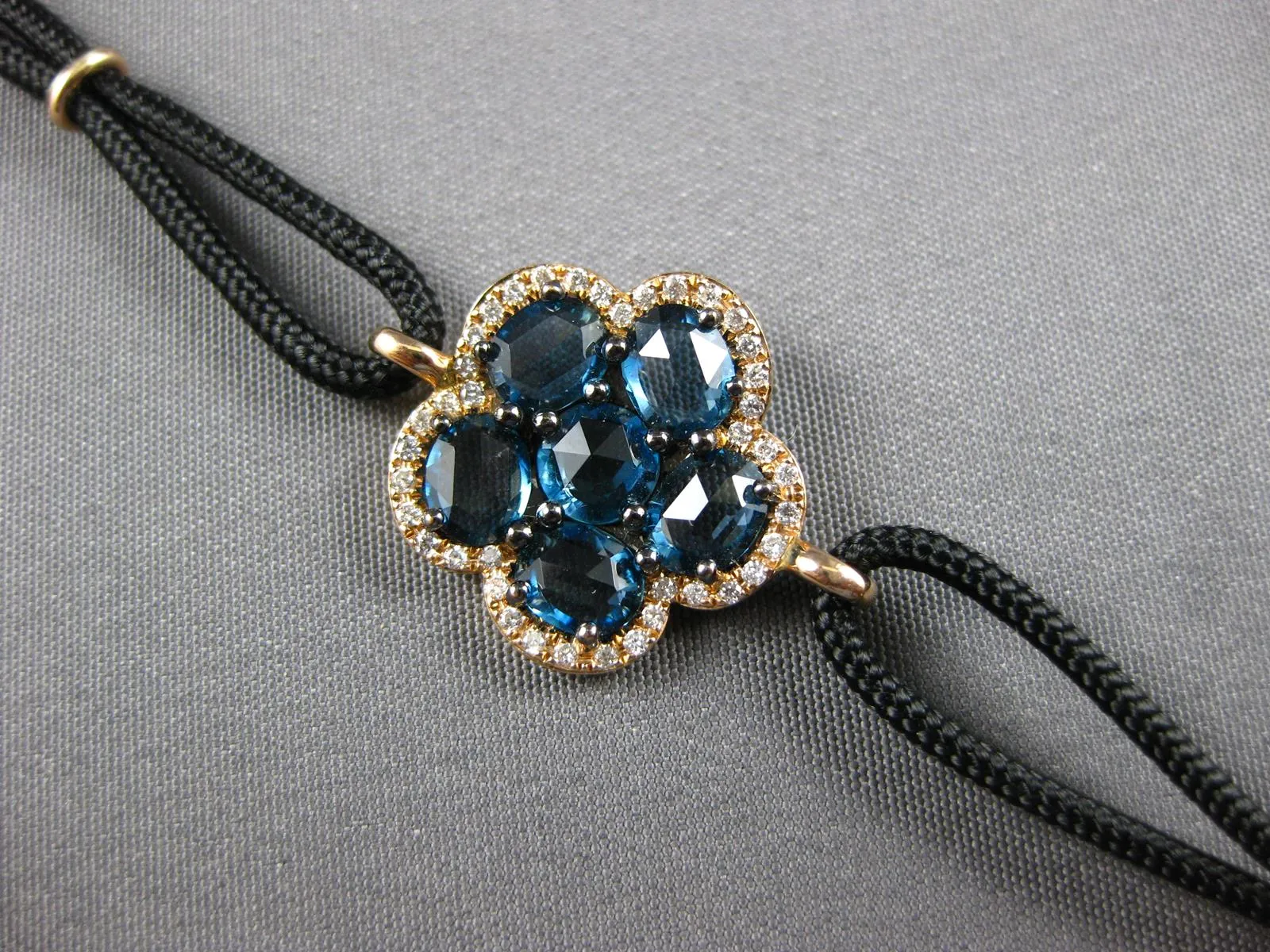 LONG 3.51CT DIAMOND & AAA LONDON BLUE TOPAZ 14KT ROSE GOLD FLOWER FUN BRACELET