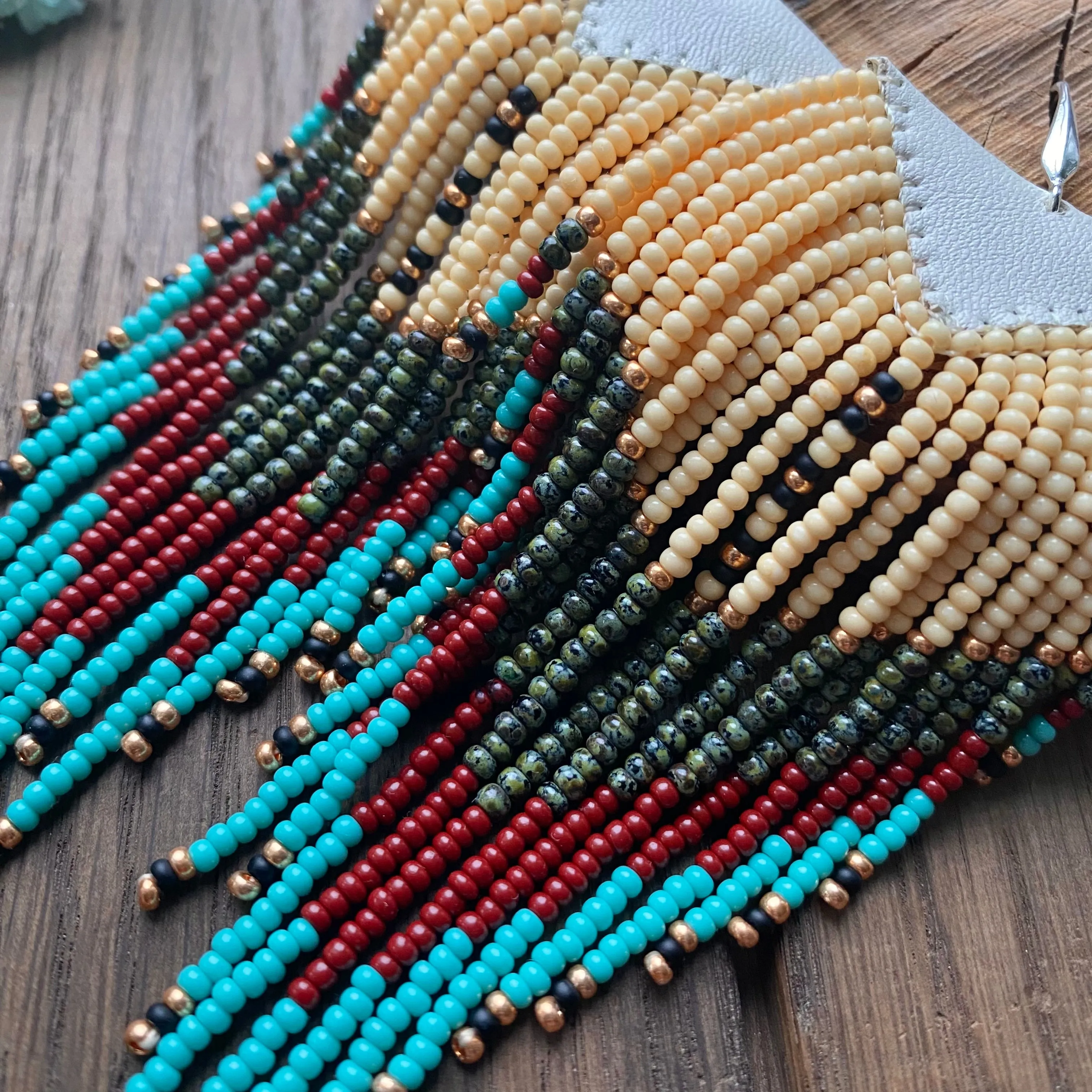Long Earthy Seed Bead Fringe Chandelier Earrings for Women in Boho Hippie style
