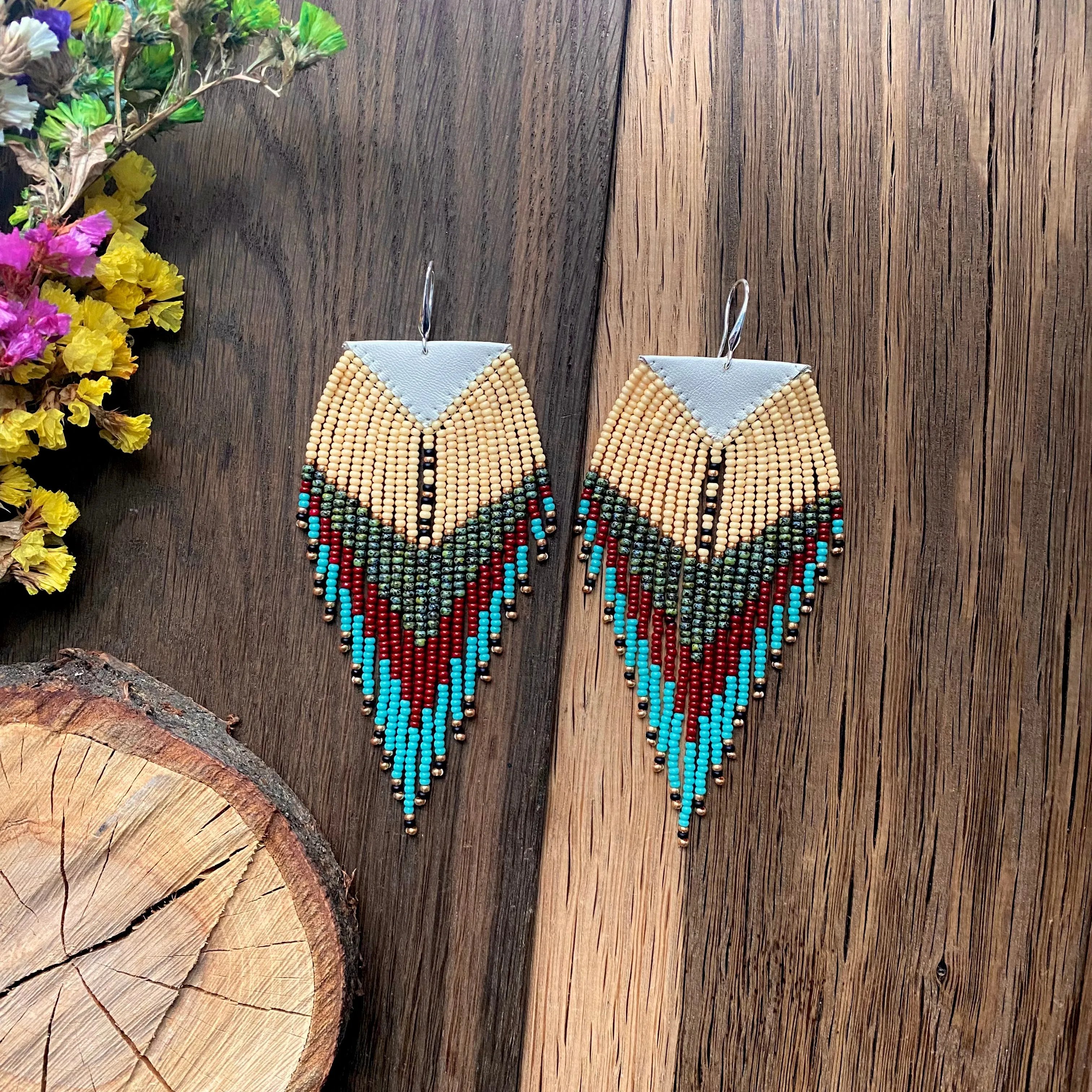 Long Earthy Seed Bead Fringe Chandelier Earrings for Women in Boho Hippie style
