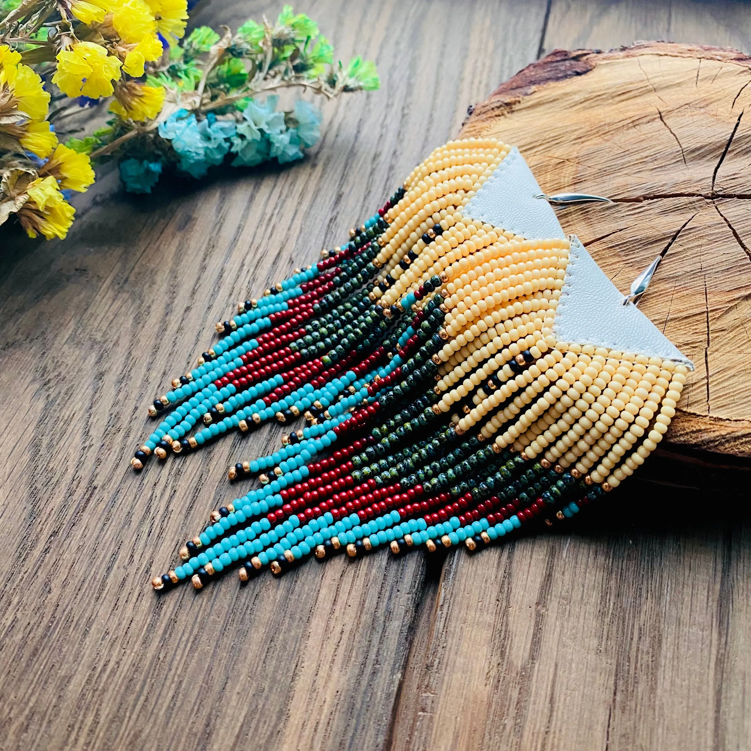 Long Earthy Seed Bead Fringe Chandelier Earrings for Women in Boho Hippie style