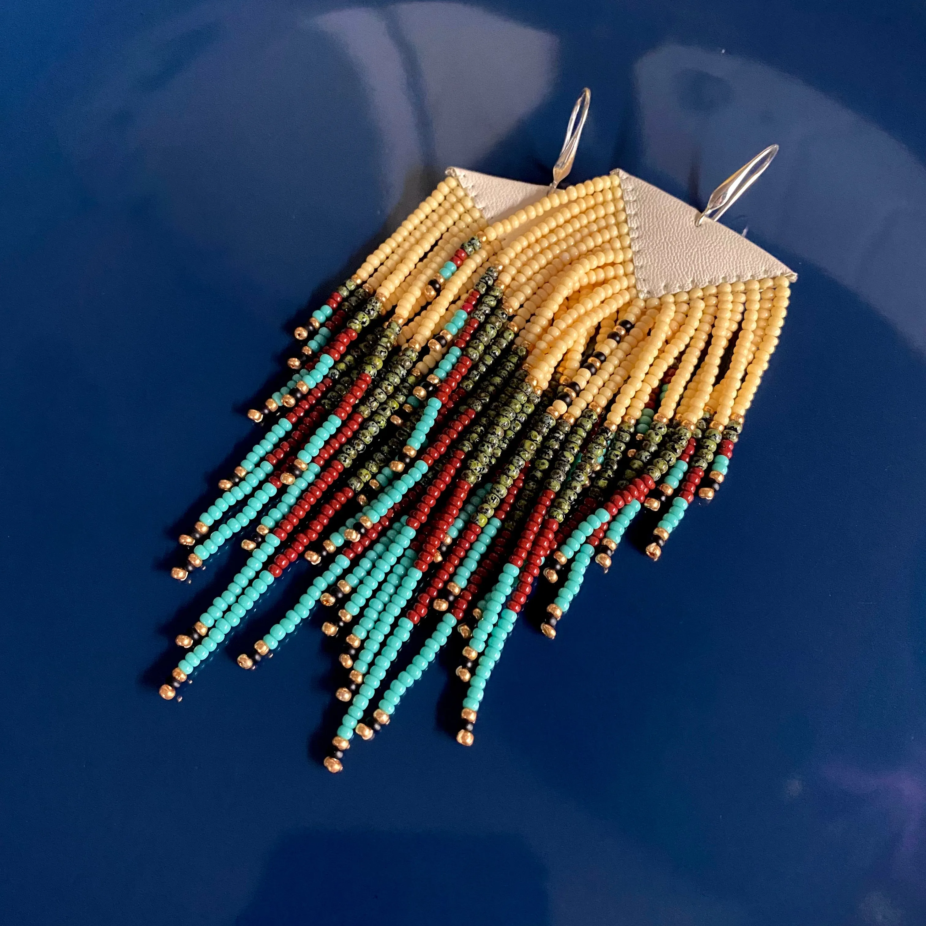 Long Earthy Seed Bead Fringe Chandelier Earrings for Women in Boho Hippie style
