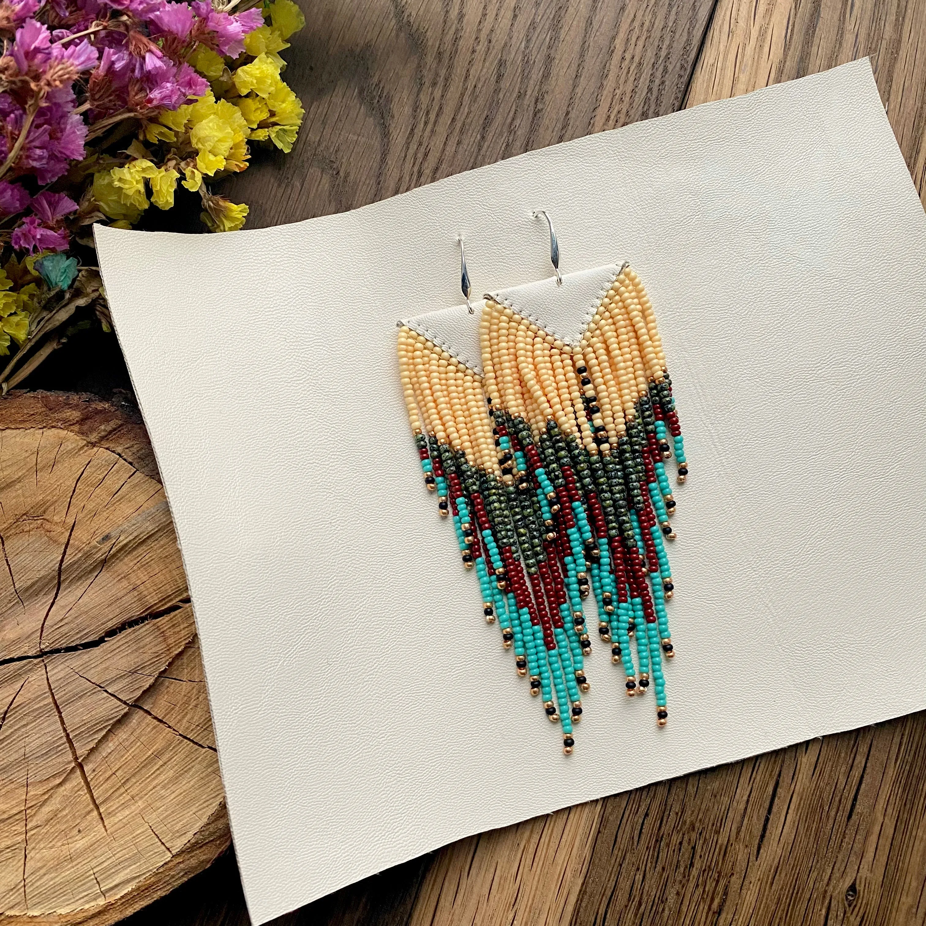 Long Earthy Seed Bead Fringe Chandelier Earrings for Women in Boho Hippie style