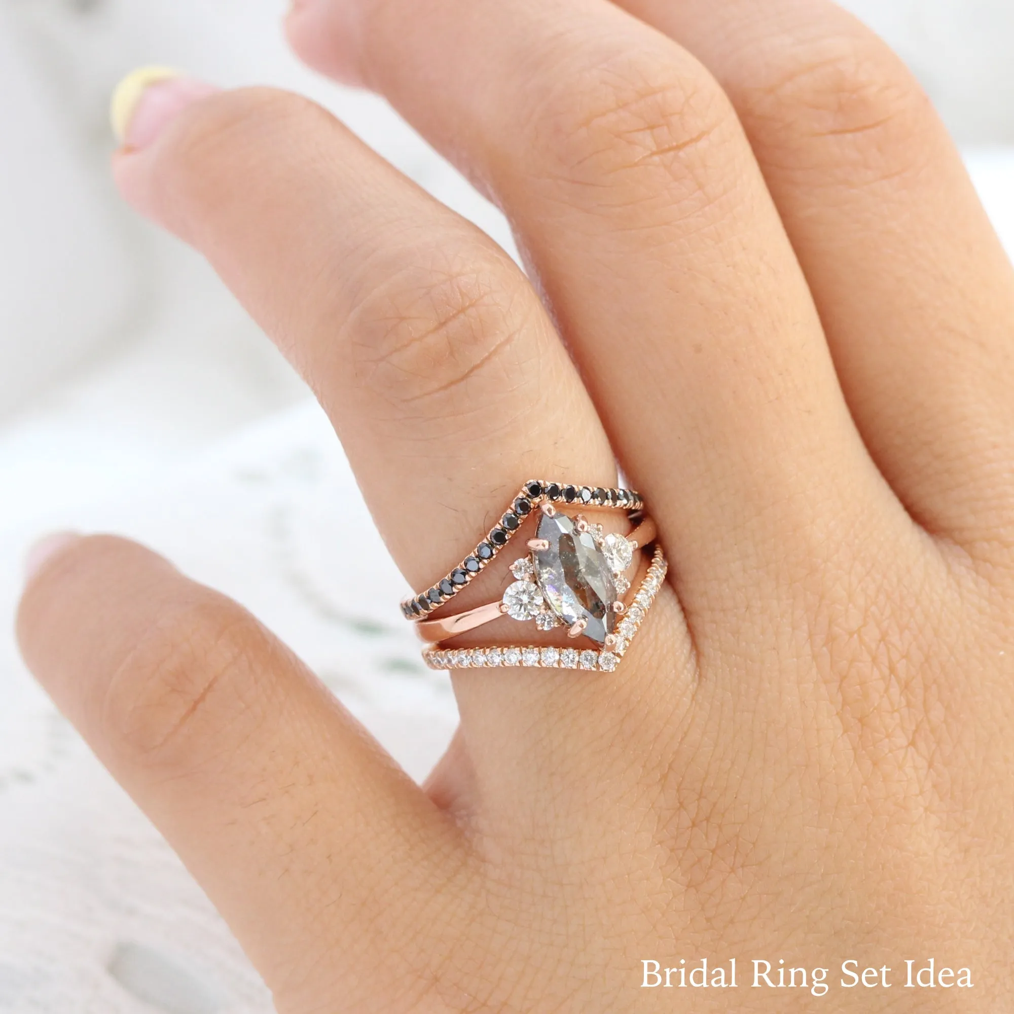 Marquise Salt and Pepper Diamond Ring in 14k Rose Gold 3 Stone Ring, Size 6.25
