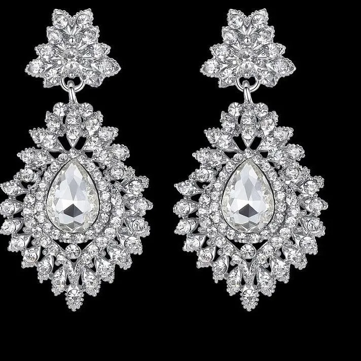 MEC-001 Crystal Wedding Bridal Drop Teardrop Long Earrings Brides Jewelry