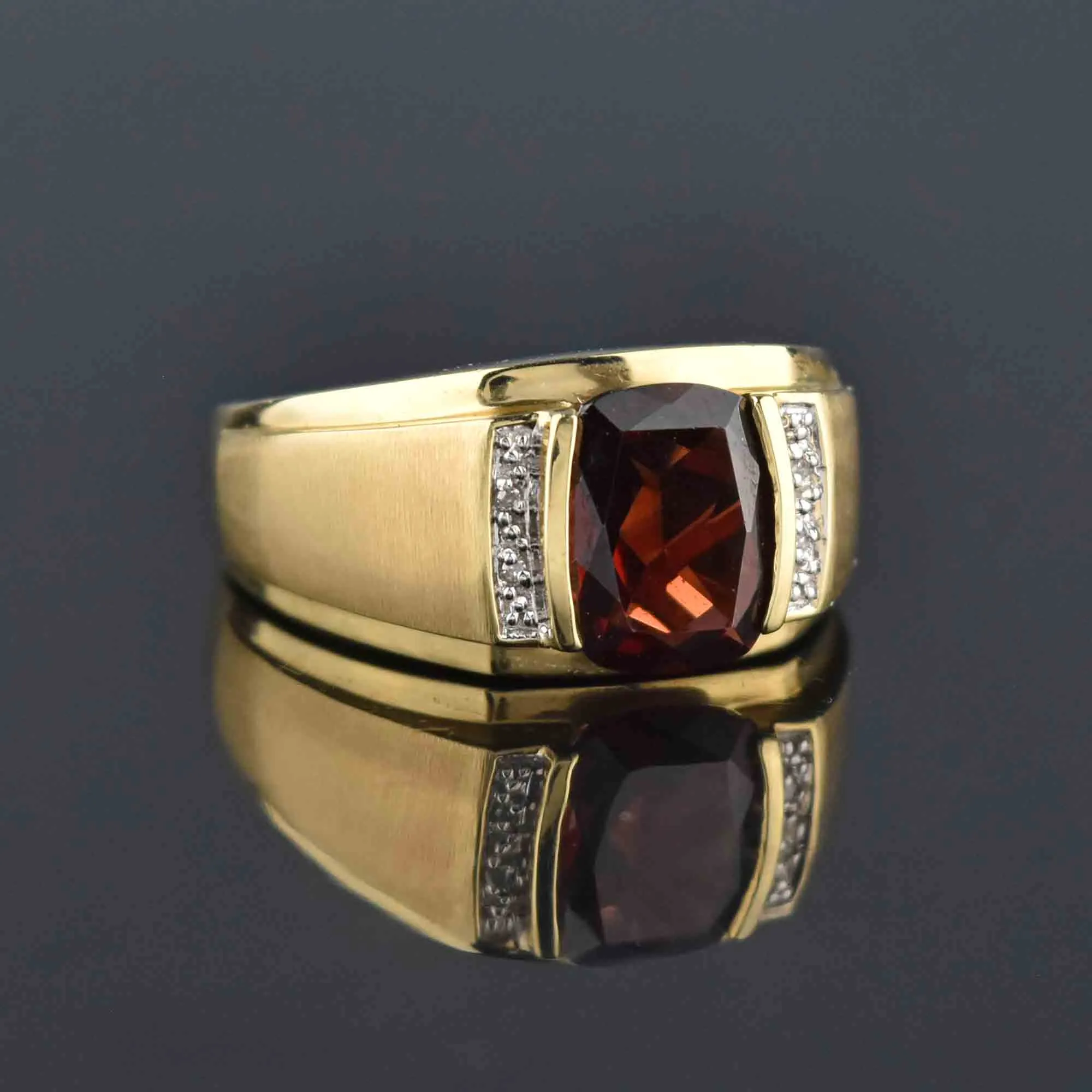 Mens Diamond Signet Style Cushion Cut Garnet Ring