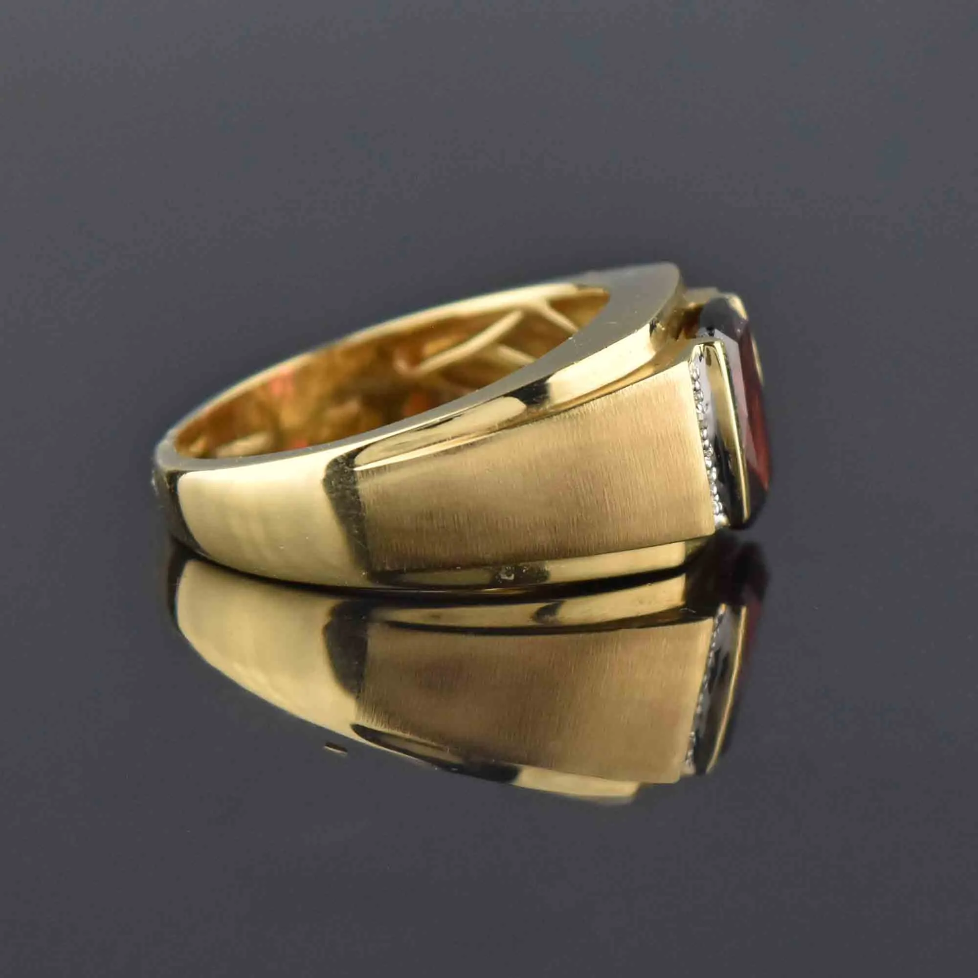 Mens Diamond Signet Style Cushion Cut Garnet Ring