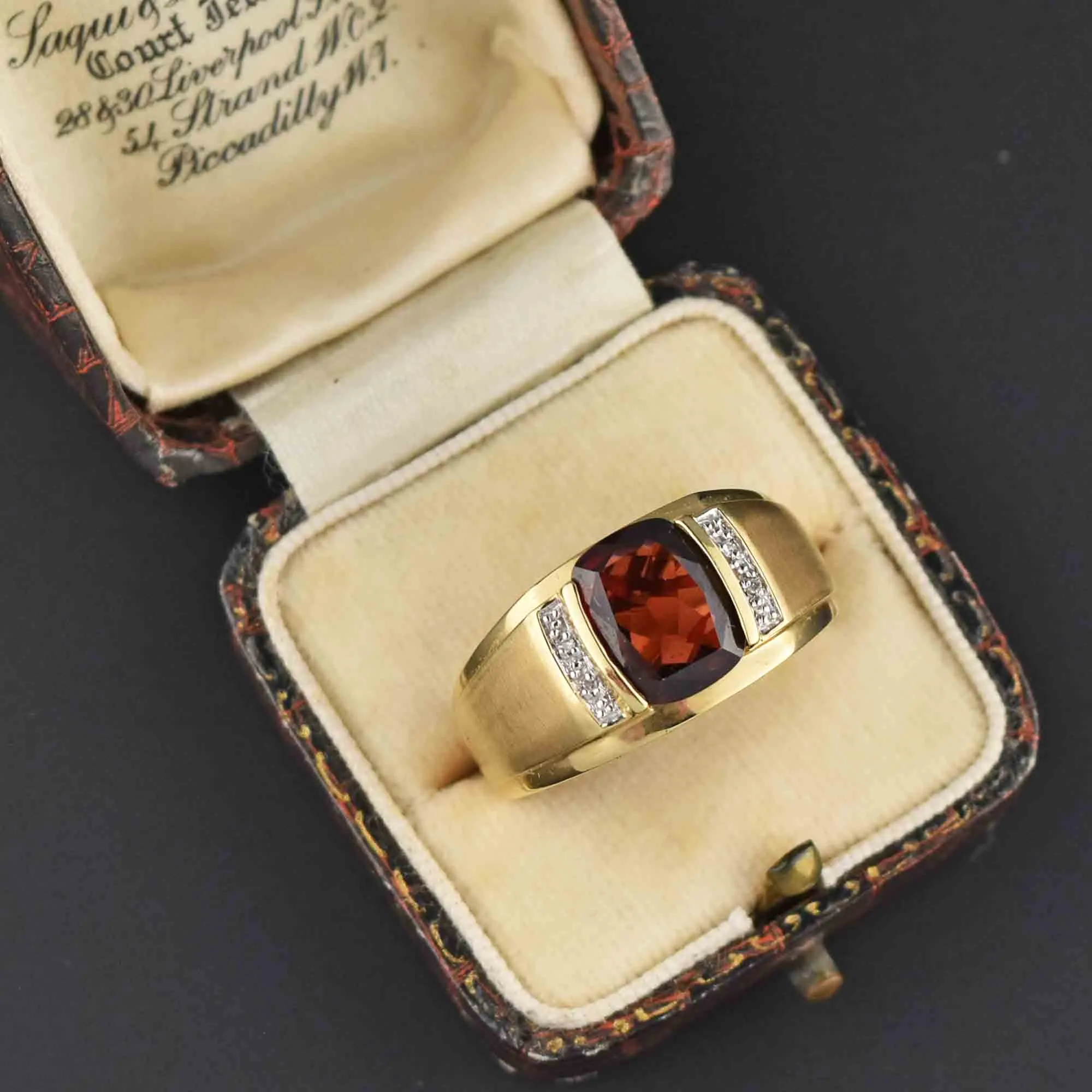 Mens Diamond Signet Style Cushion Cut Garnet Ring