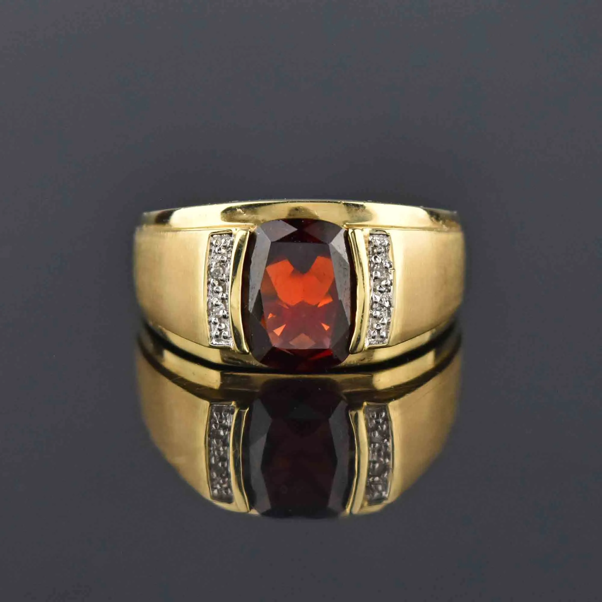Mens Diamond Signet Style Cushion Cut Garnet Ring