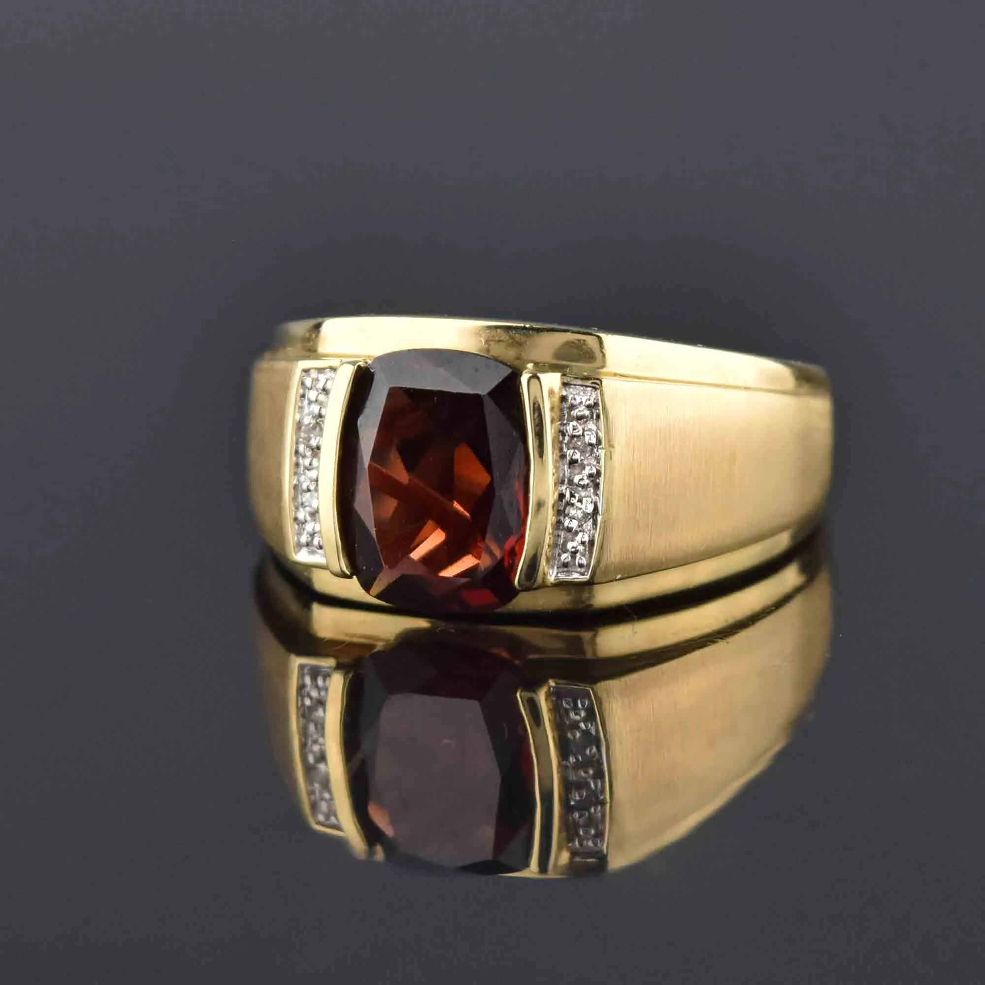 Mens Diamond Signet Style Cushion Cut Garnet Ring