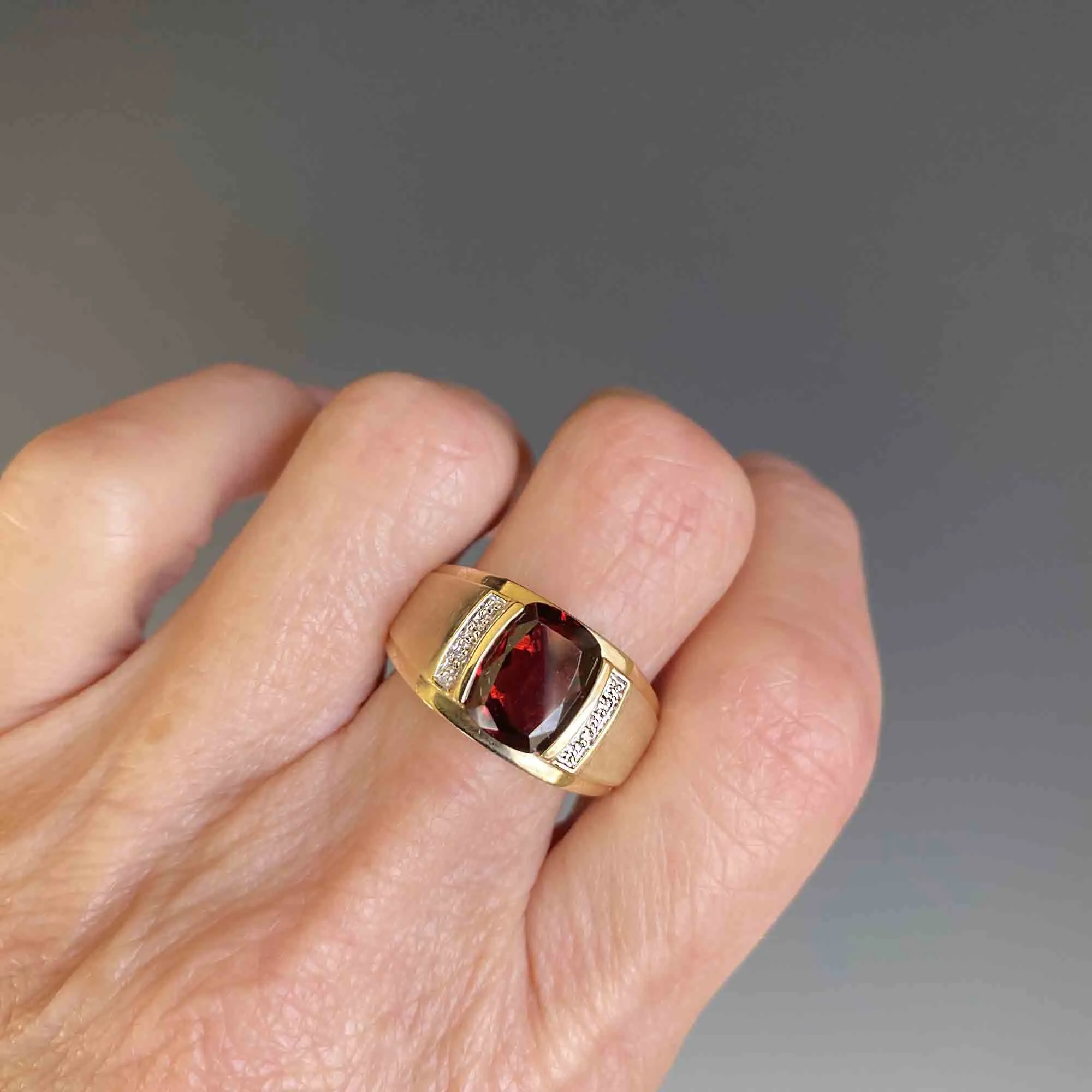 Mens Diamond Signet Style Cushion Cut Garnet Ring