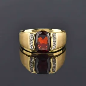 Mens Diamond Signet Style Cushion Cut Garnet Ring