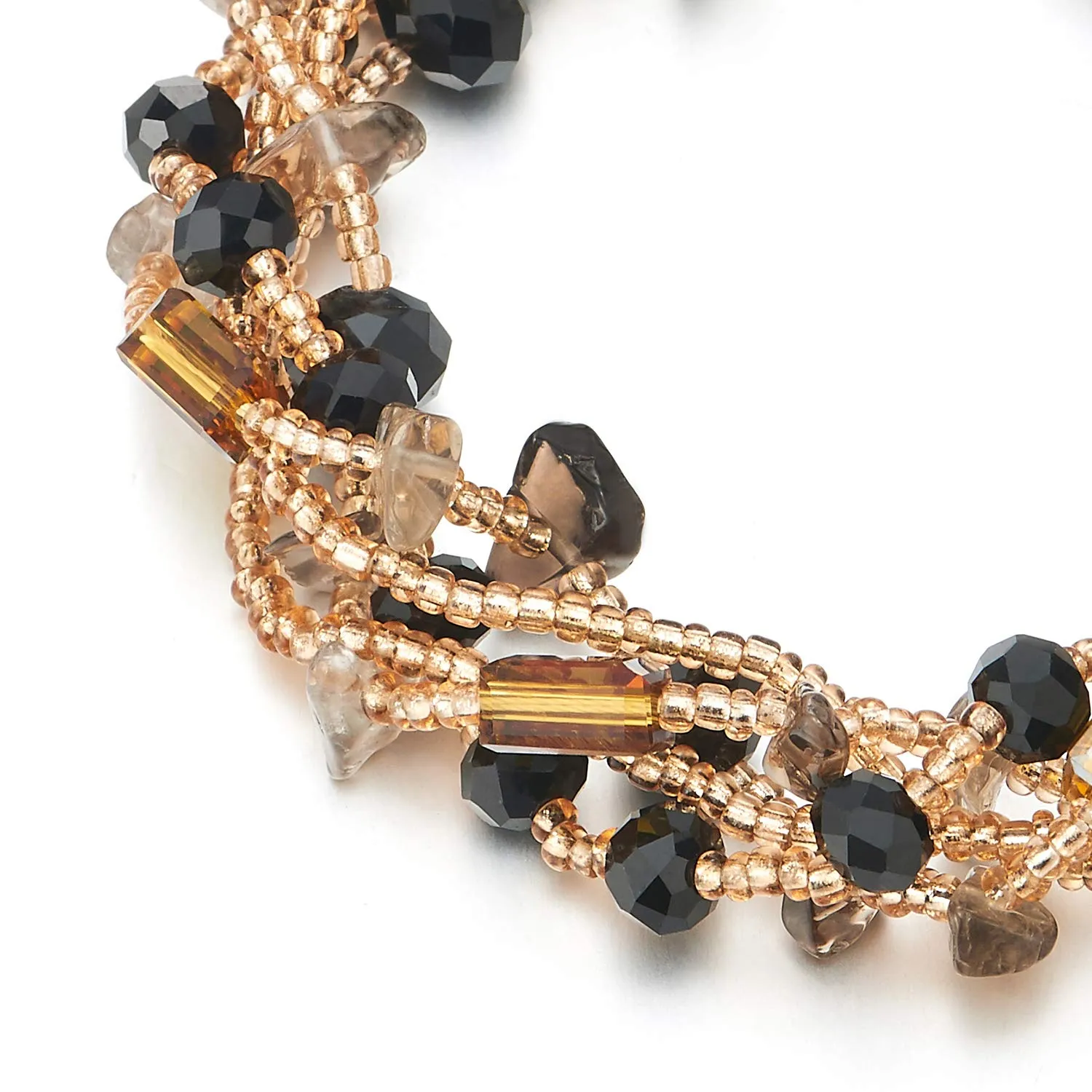 Multi-Strand Beaded Bracelet Champagne Beads Irregular Black Gem Stone Rhinestones Ball Charm Clasp