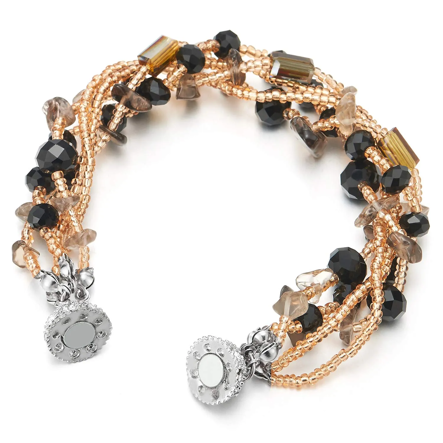 Multi-Strand Beaded Bracelet Champagne Beads Irregular Black Gem Stone Rhinestones Ball Charm Clasp
