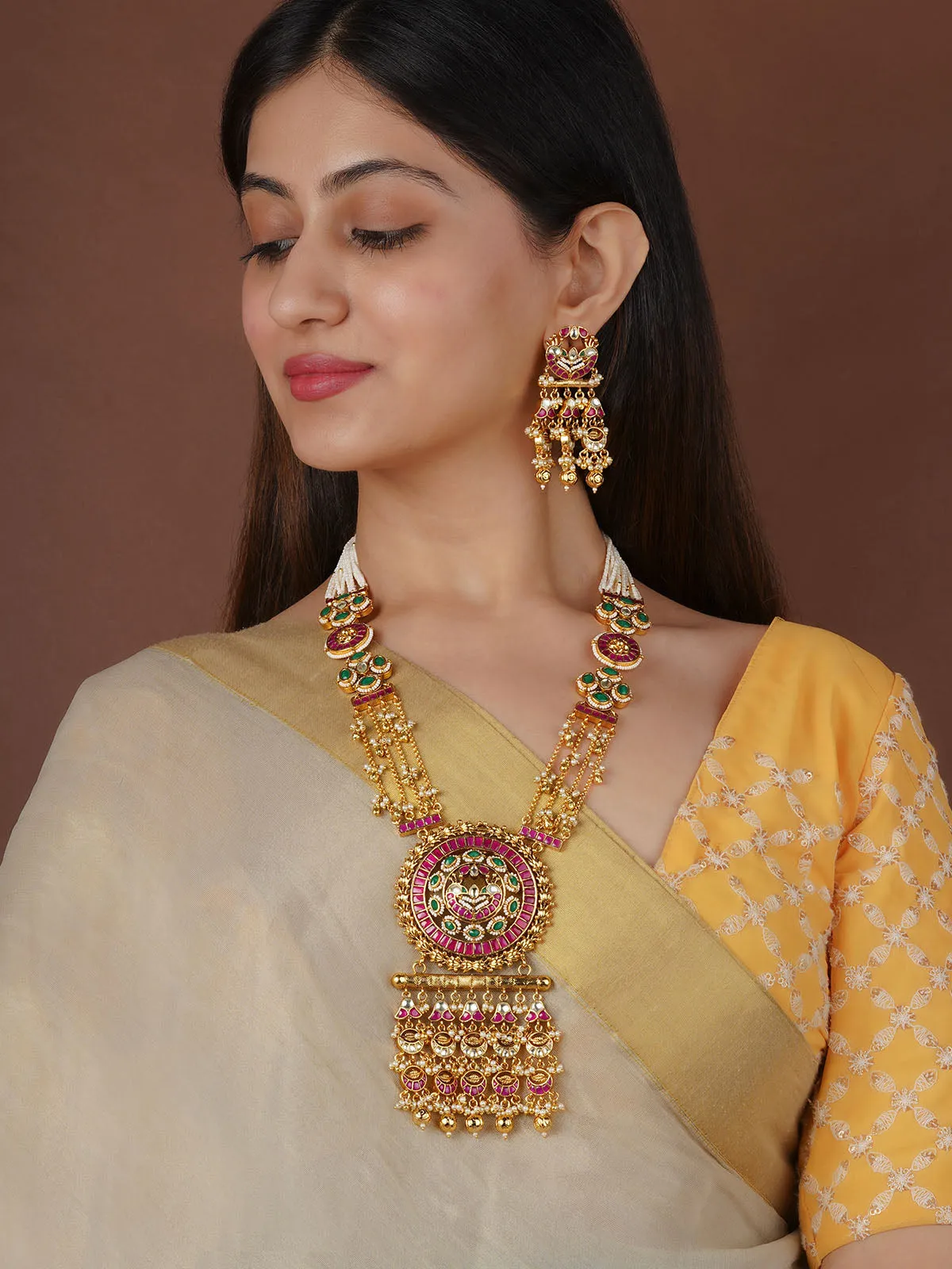 Multicolor Gold Plated Jadau Kundan Necklace Set - MS2355YP
